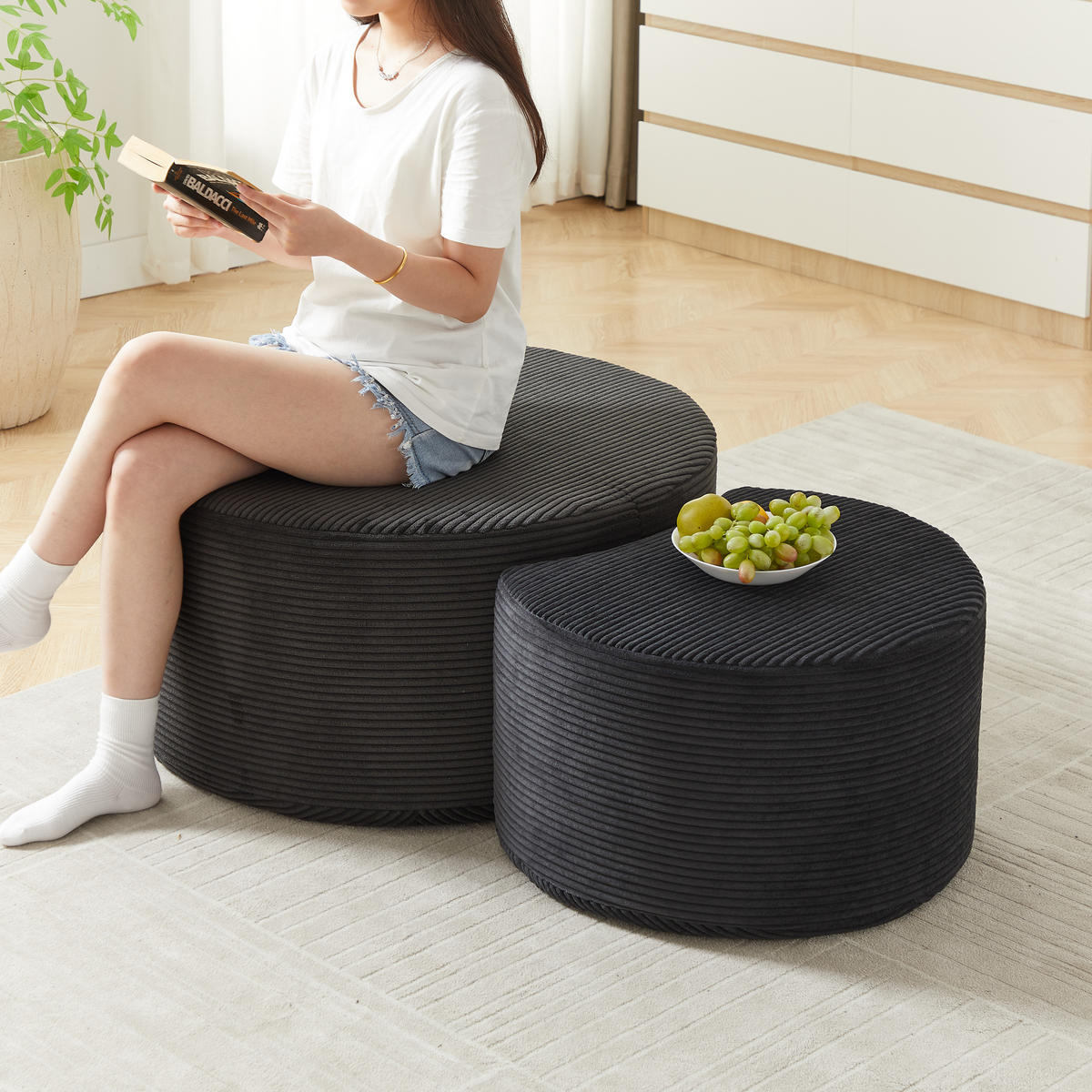 COUCHTISCH in Schwarz runder Kaffeetisch aus Schaumstoff, Set mit 2 Stück für Wohnzimmer, B127/T81/H40cm - Schwarz, Textil (81/126/40cm) - STILVORA