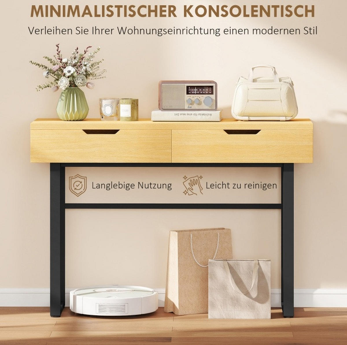 KONSOLENTISCH aus Holz und Metall 110x35x76,5 cm Natur mit 2 Schubladen und Metallrahmen - Naturfarben, Holz (35/110/76.5cm) - Modfu