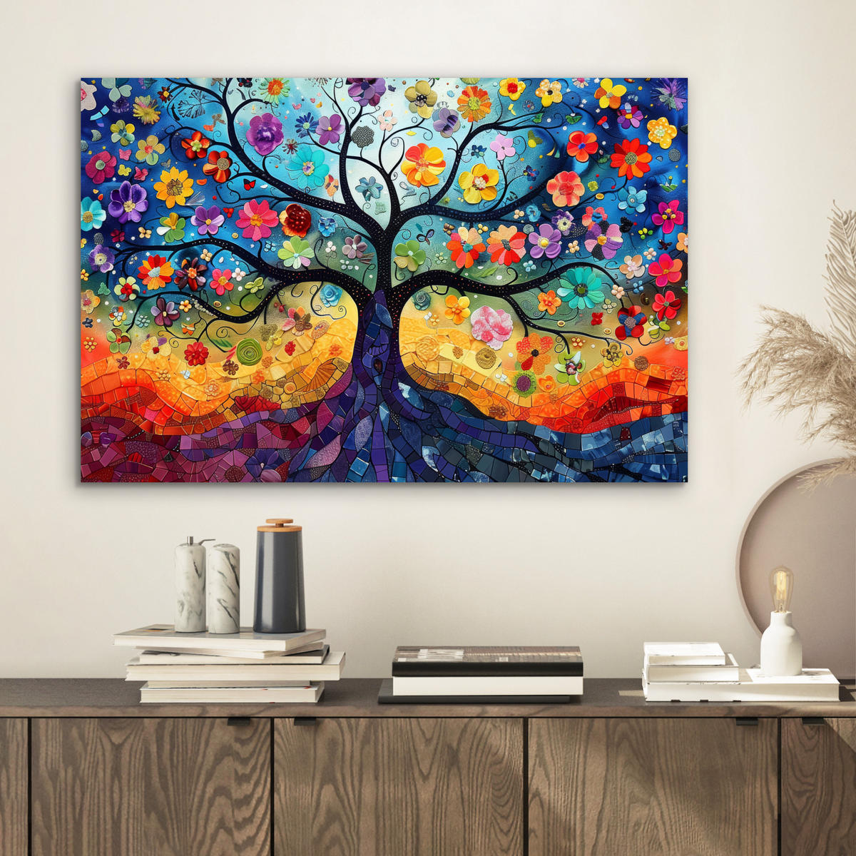 METALLBILD Kunst - Baum des Lebens - Blumen - Hippie 60x40 cm - Dunkelblau, Metall (60/40cm) - MuchoWow