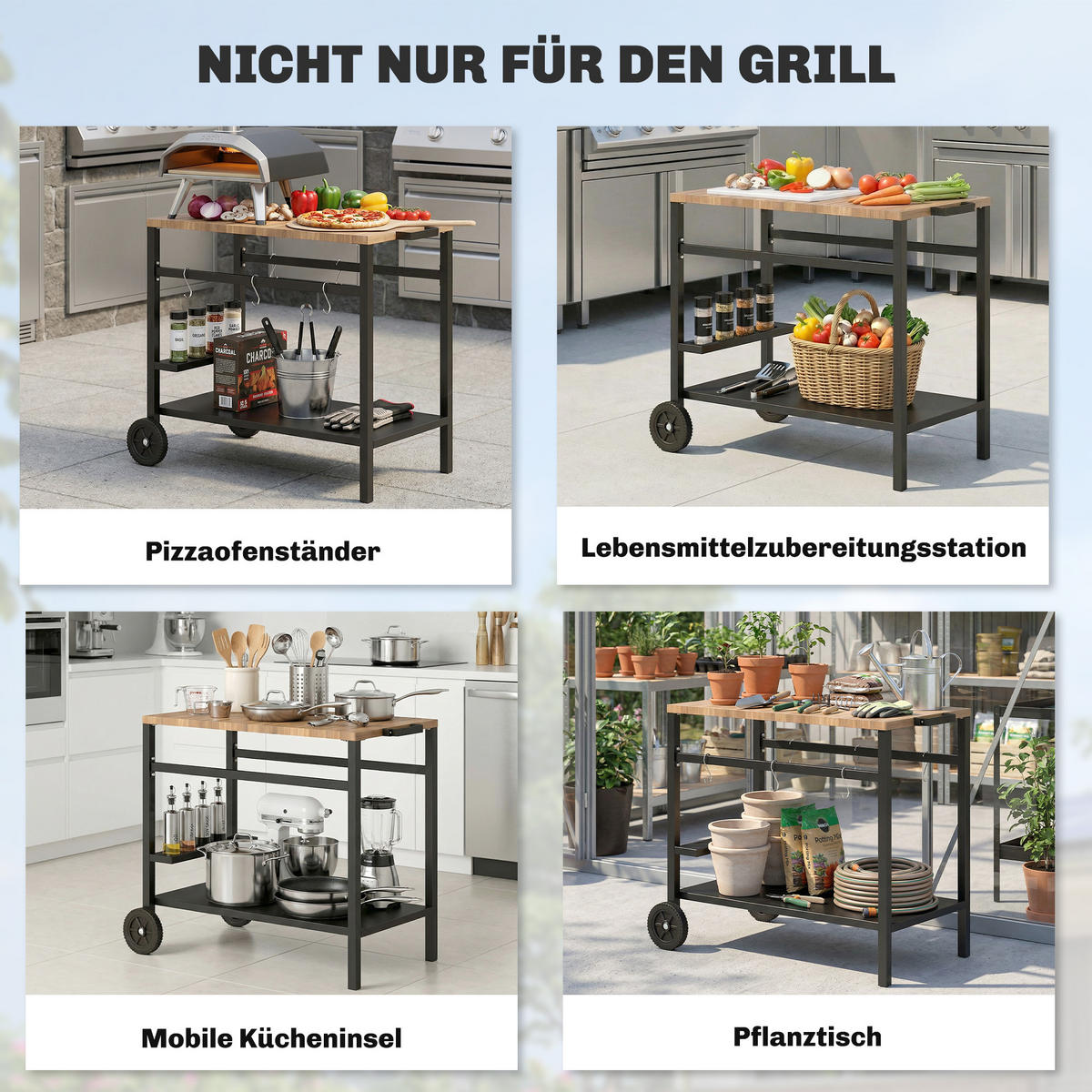 GRILLWAGEN Metall PU Schwarz - Schwarz, Metall (51/83/97cm) - Outsunny