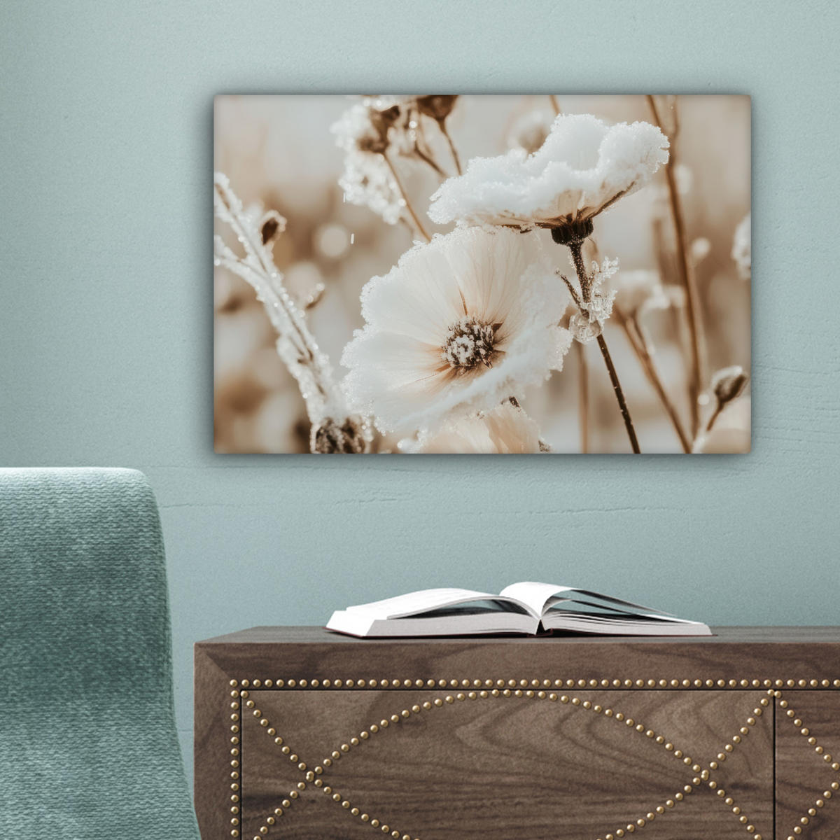 LEINWANDBILD Blumen - Winter - Weiß - Schnee - Beige Deko Schlafzimmer 30x20 cm - Creme, Textil (30/20cm) - MuchoWow