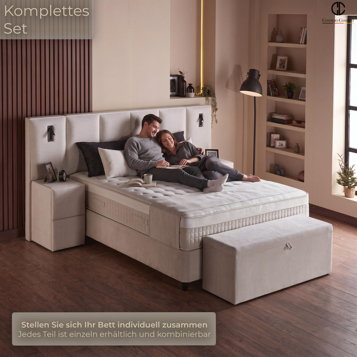 BETTBANK LUXOR 160/43/43 cm, Ivory, Aufklappbar, mit Stauraum - Creme/Schwarz, Holz/Kunststoff (160/43/43cm) - Consilio Concept