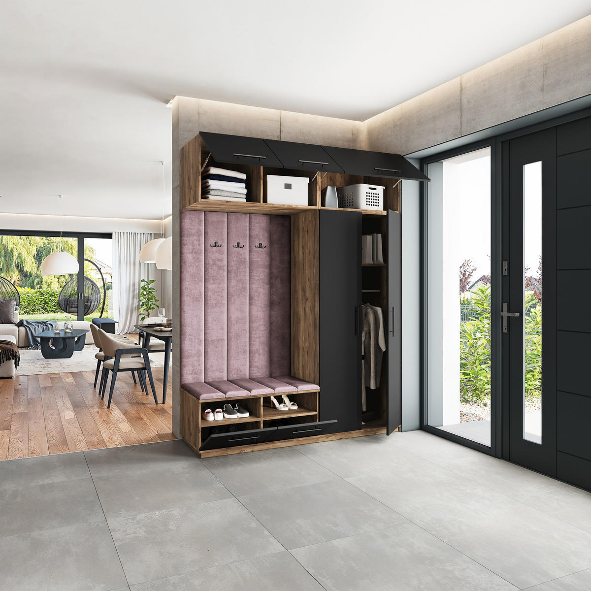 GARDEROBENSCHRANK REMA 180/240/60 cm Modern Garderobe-Set Eiche Lefkas - Eichefarben/Lila, Holzwerkstoff (180/240/60cm) - MASSENO