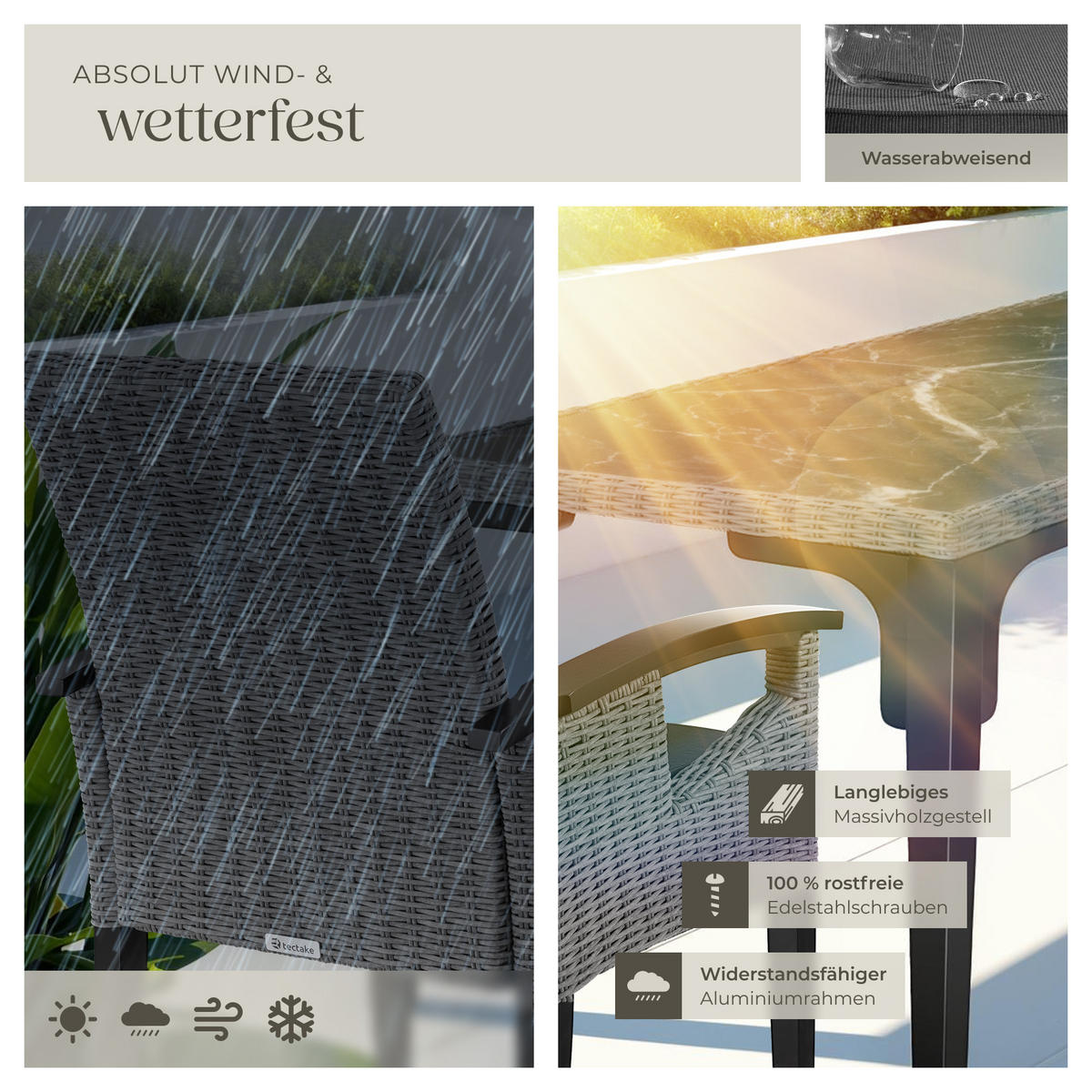 GARTENTISCH FOGGIA MIT 6 STüHLEN ROSARNO ,Armlehnen und Beine aus Holz,grau - Grau, Kunststoff - tectake