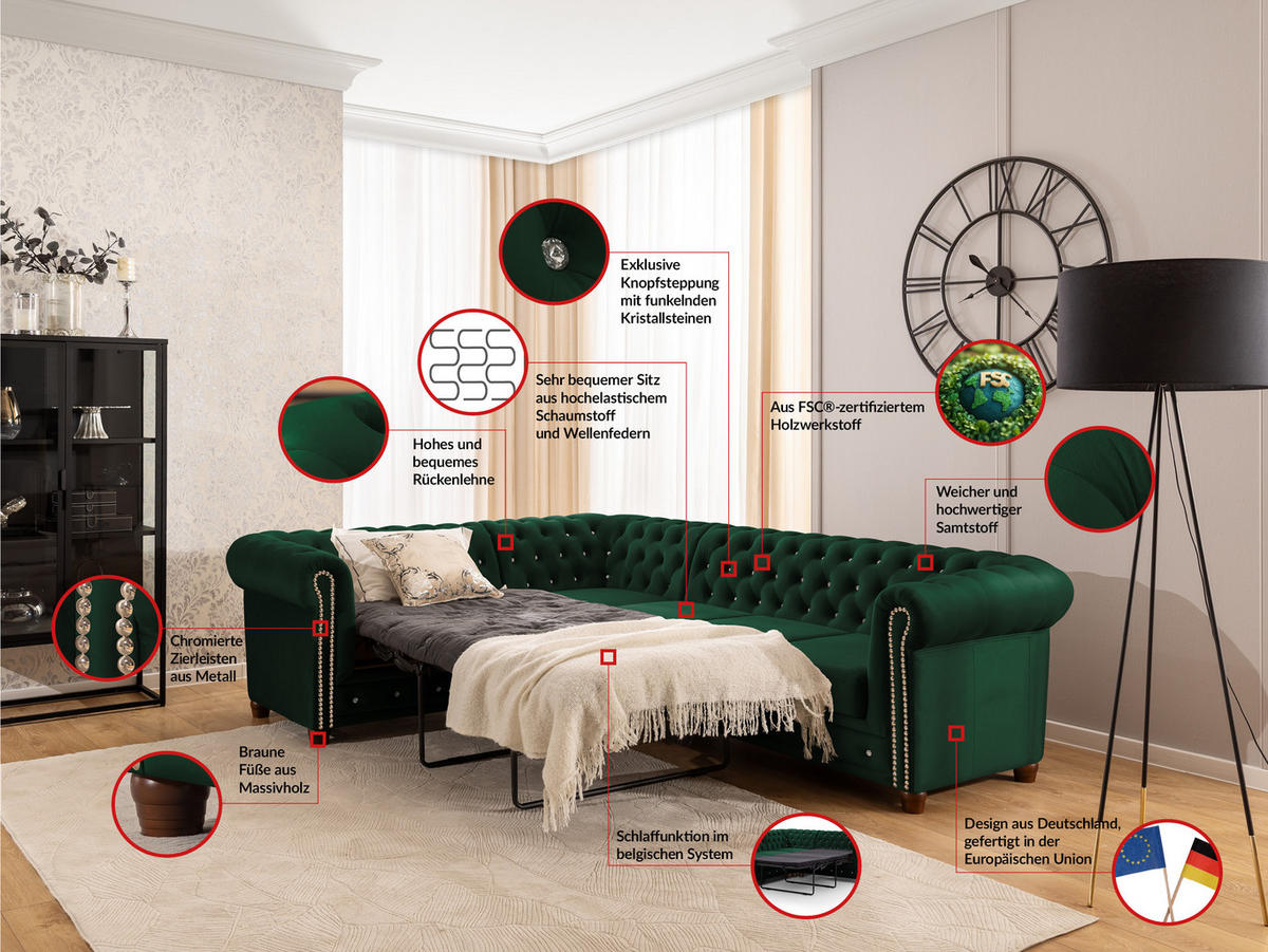 ECKSOFA mit Schlaffunktion Chesterfield Flasche Grün Samt mit Kristallsteppung und braunen Massivholzfüßen - Ottomane Links - Braun/Grün, Holz/Textil (264/210cm) - S-Style Möbel