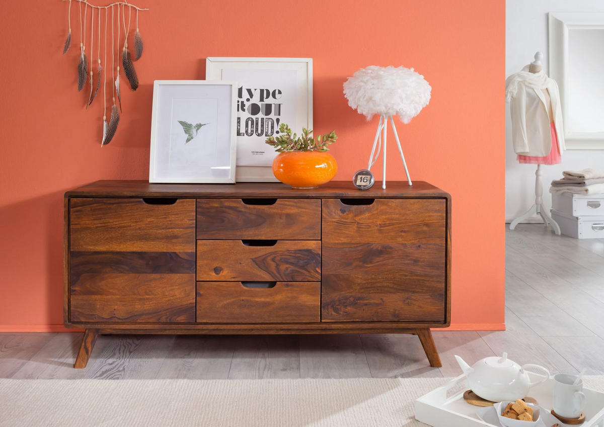 SIDEBOARD Sheesham 134x40x65 walnuss gewachst MALMÖ 2 #107 - Dunkelbraun, Holz (134/65/40cm) - Massivmoebel24