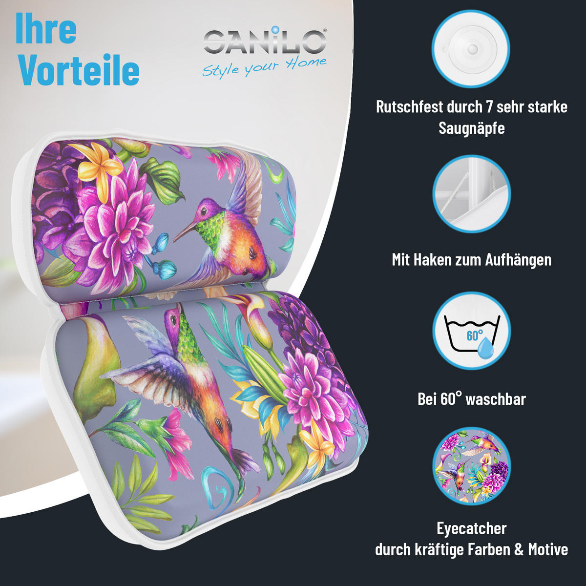 BADEWANNENKISSEN Kolibri - Multicolor, Kunststoff (39/5.5cm) - Sanilo