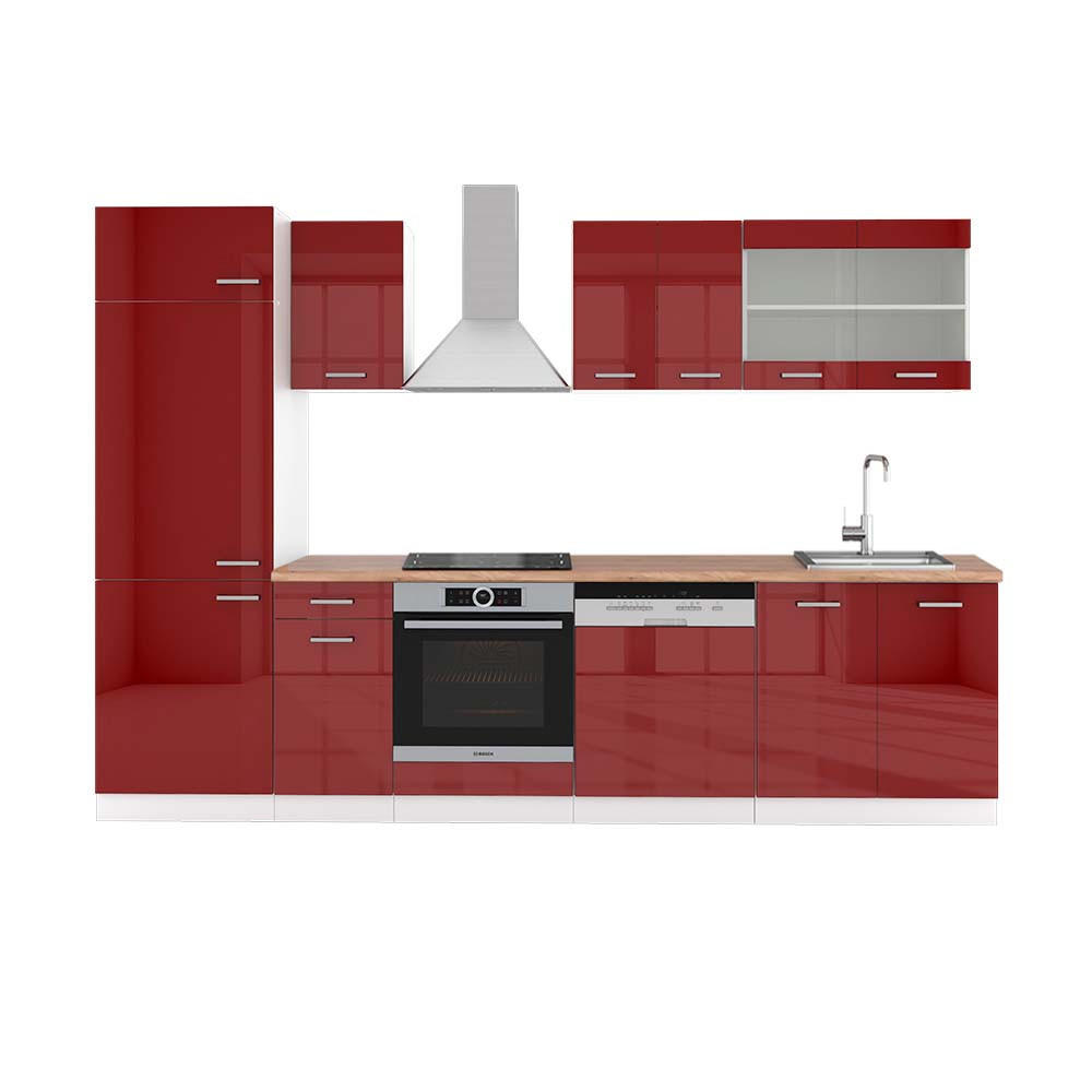 KÜCHENZEILE R-Line Bordeaux Hochglanz/Weiß 300 cm, AP Eiche - Bordeaux/Weiß, Holzwerkstoff (300/81.6/60cm) - Vicco