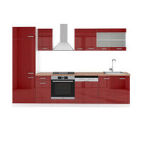 KÜCHENZEILE R-Line Rot Hochglanz/Weiß 300 cm , AP Eiche - Rot/Weiß, Holzwerkstoff (300/81.6/60cm) - Vicco