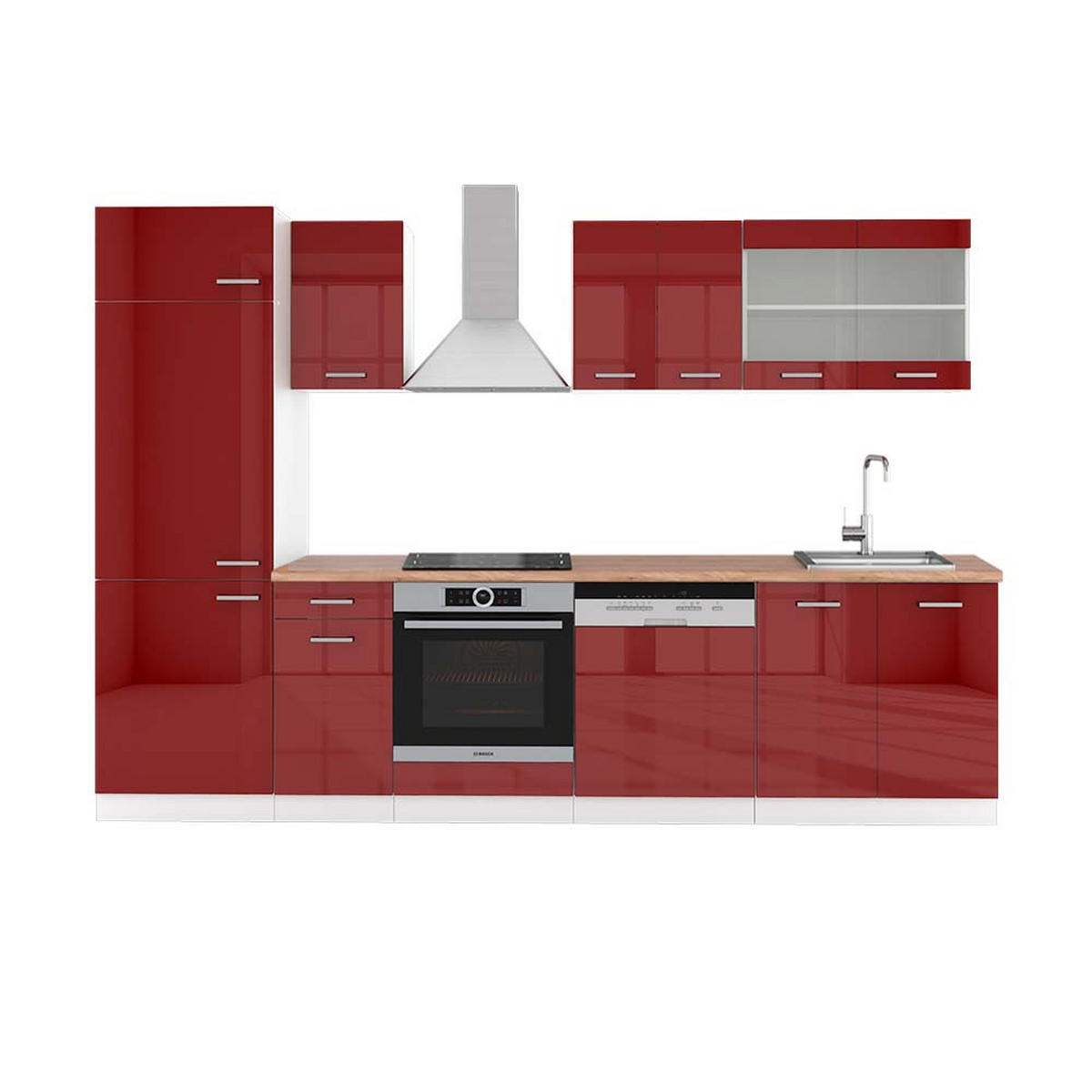 KÜCHENZEILE R-Line Rot Hochglanz/Weiß 300 cm , AP Eiche - Rot/Weiß, Holzwerkstoff (300/81.6/60cm) - Vicco