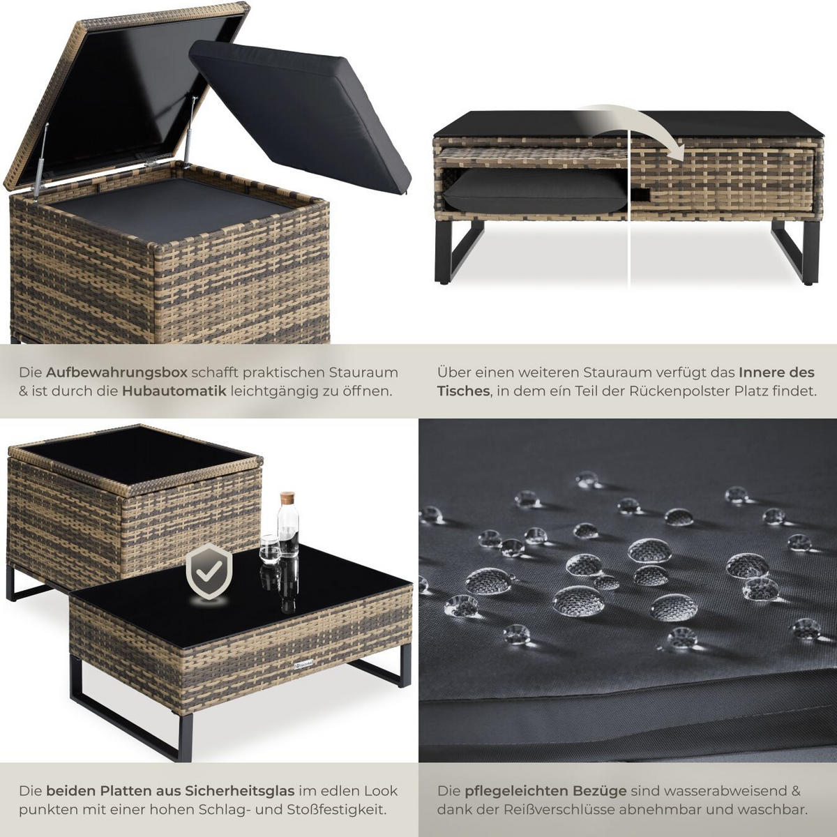 RATTANLOUNGE Ostuni, mit Sicherheitsglasplatte, natur - Naturfarben, Kunststoff - tectake