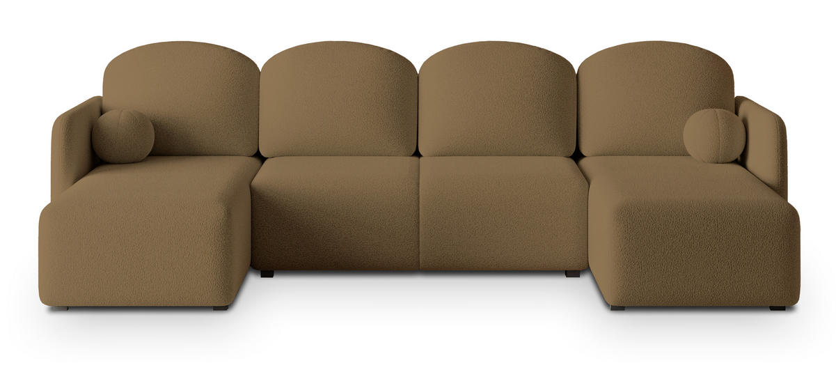 WOHNLANDSCHAFT NUBERO Orange Boucle-Stoff mit Schlaffunktion - Orange, Holz (285/85/143cm) - MASSENO