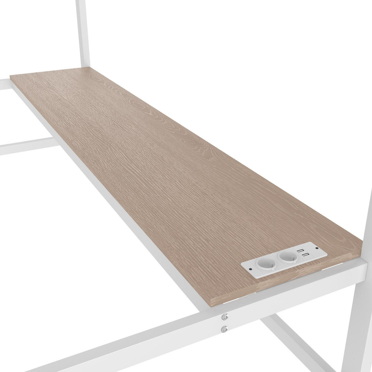 HOCHBETT aus Metall und MDF 90x200 cm Weiß mit Schreibtisch, LED-Lichtleiste, USB, Typ-C und Steckdose - Weiß, Metall (90/200cm) - Modfu