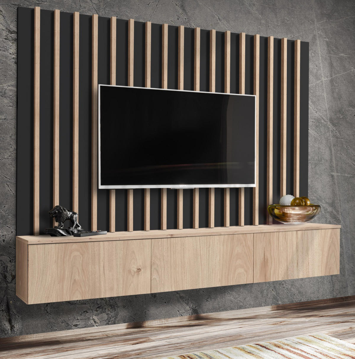 WOHNWAND Eiche Jackson, schwarz 180 cm, Schrankwand mit Push-top-Open - Eichefarben/Schwarz, Holzwerkstoff (180/180/35cm) - Furn.Design