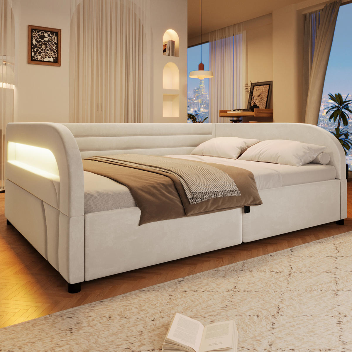BETT mit Stauraum und LED 140x200 cm Flanell White - Weiß, Metall (140/200cm) - Meubliv