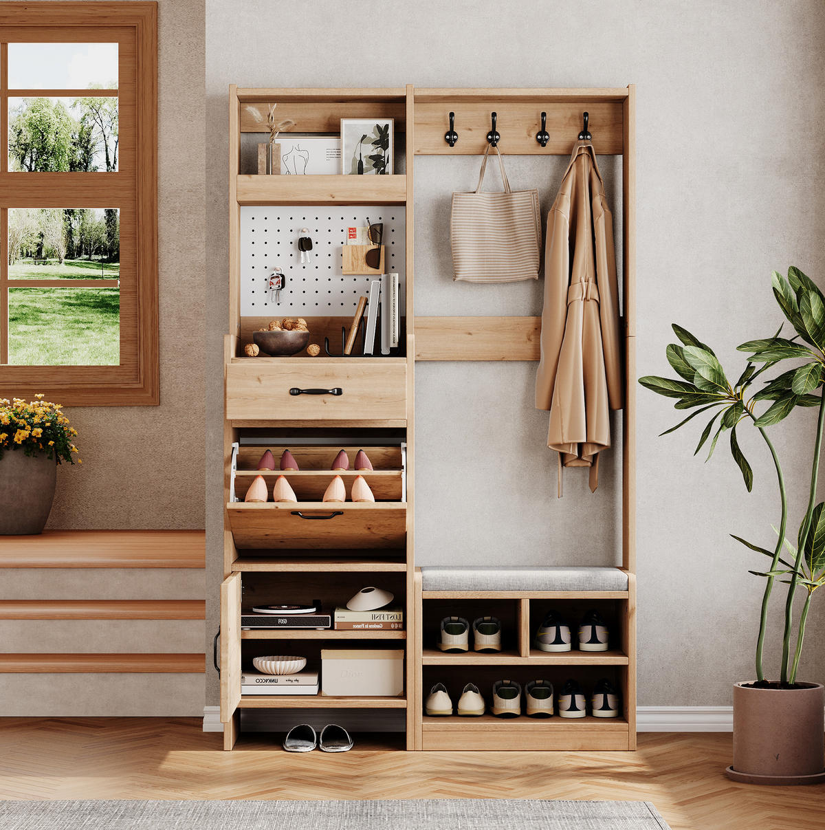 GARDEROBEN-SET mit Sitzbank 108,5 x 35 x 180 cm Natural+White 6-in-1 - Weiß, Holzwerkstoff (35/180/108.5cm) - Beauniv