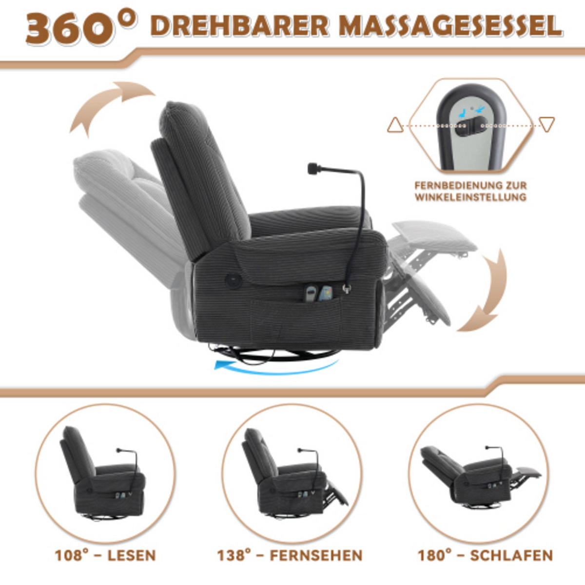 MASSAGESESSEL Relaxsessel 92x91x104 mit Dreh- und Schaukelfunktion und Heizvibration, USB Anschluss, grau - Grau, Textil (91/104/92cm) - Luhomfu