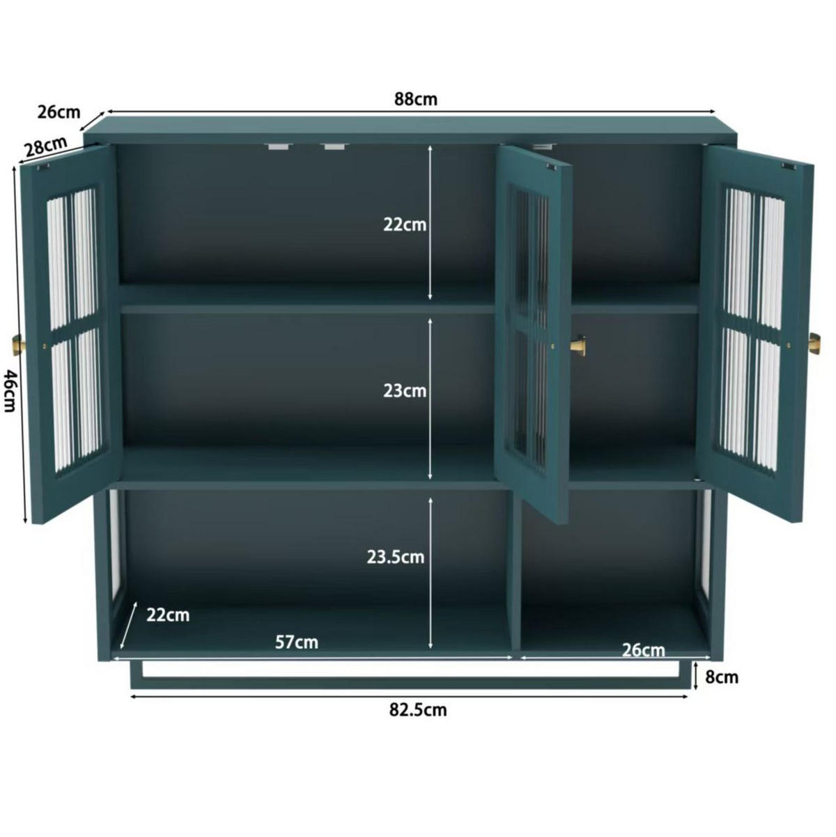 KÜCHENOBERSCHRANK 88/26/82,5 cm mit 3 Türen, offenen Fächern, Handtuchhalter und Riffelglas, MDF/Glas/Metall, Dunkelgrün - Dunkelgrün, Holzwerkstoff (88/82.5/26cm) - Redom