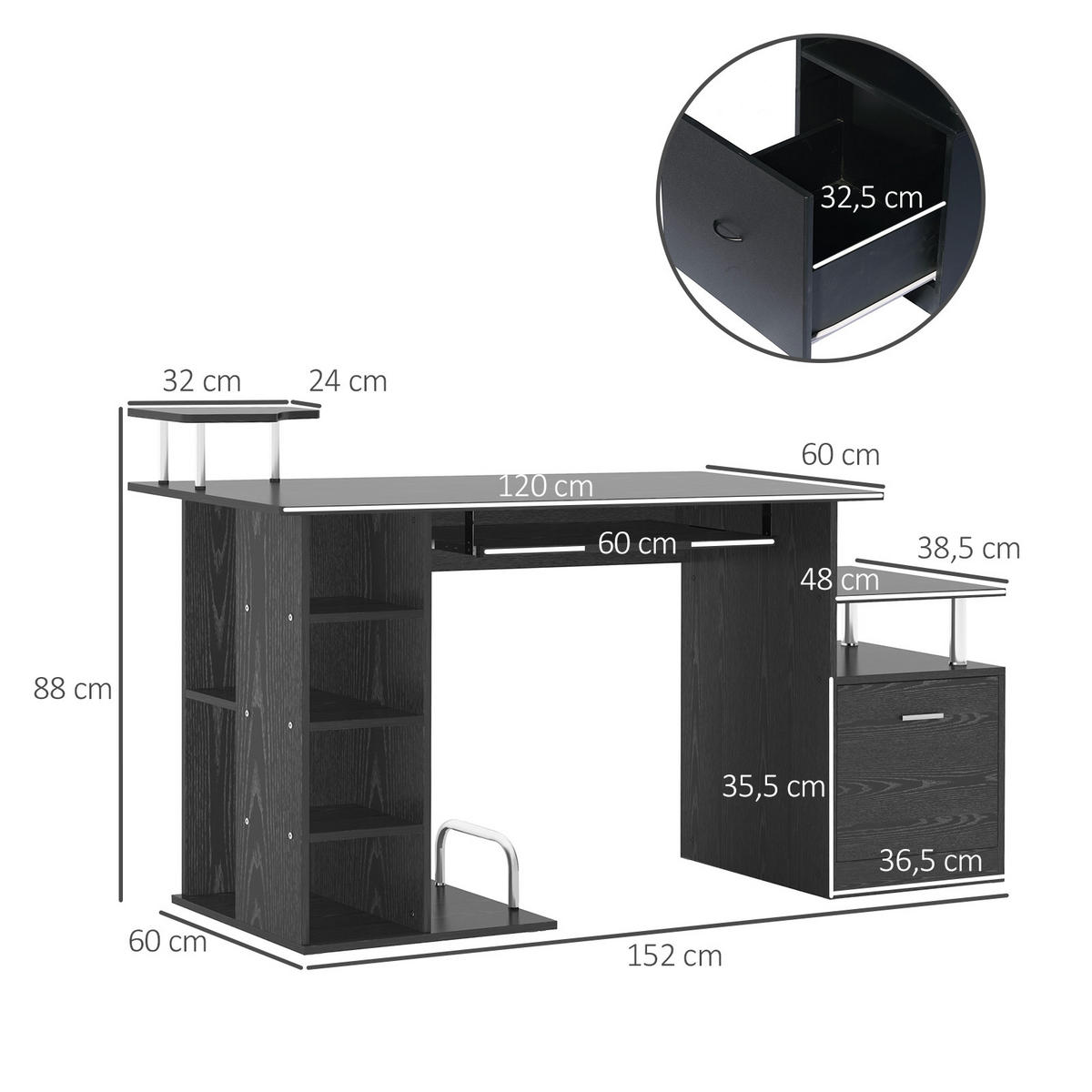 SCHREIBTISCH Schwarz mit Tastaturauszug und Stauraum 152/60/88 cm - Schwarz, Holzwerkstoff (60/152/88cm) - PANGIVO