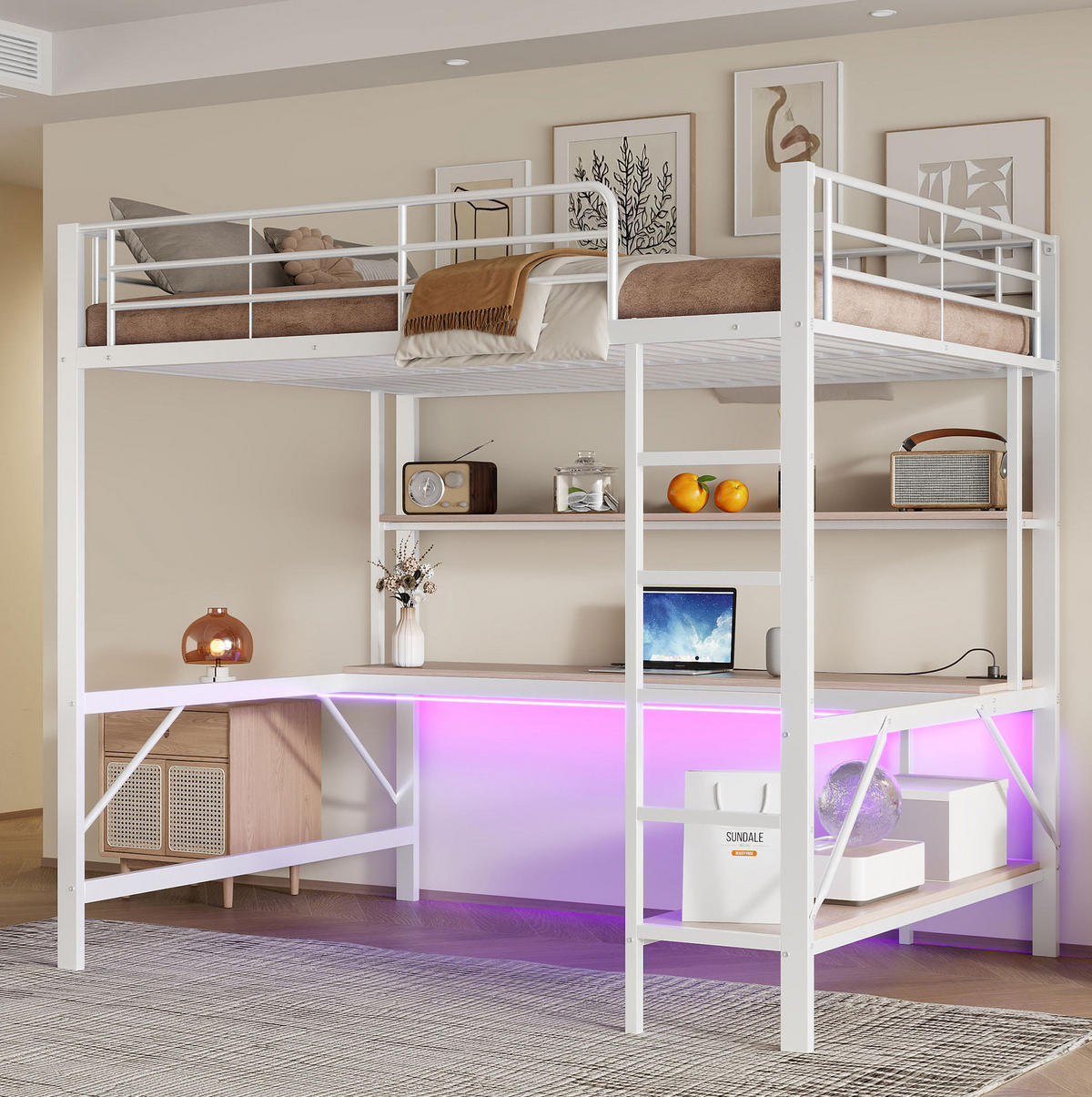 HOCHBETT 140/200 cm Weiß aus Metall mit Schreibtisch - Weiß, Metall (140/200cm) - OKMYHOME