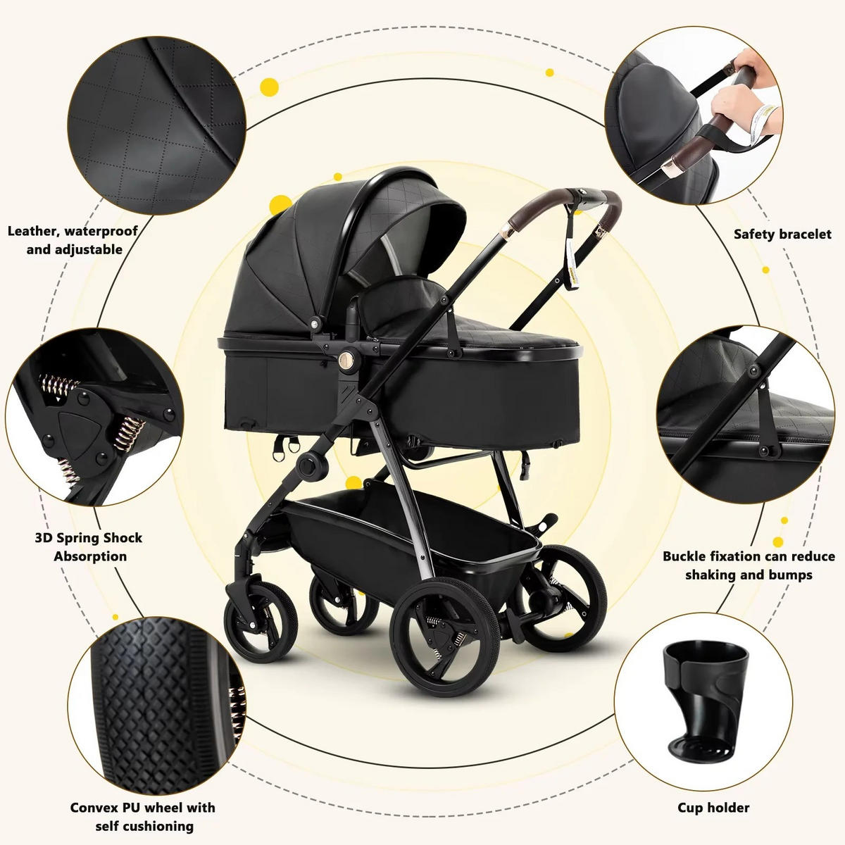 KINDERWAGENSET 3-in-1 Tragbarer mit Babytrage PU, 880B Schwarz - Schwarz, Metall (80/60cm) - Kaket