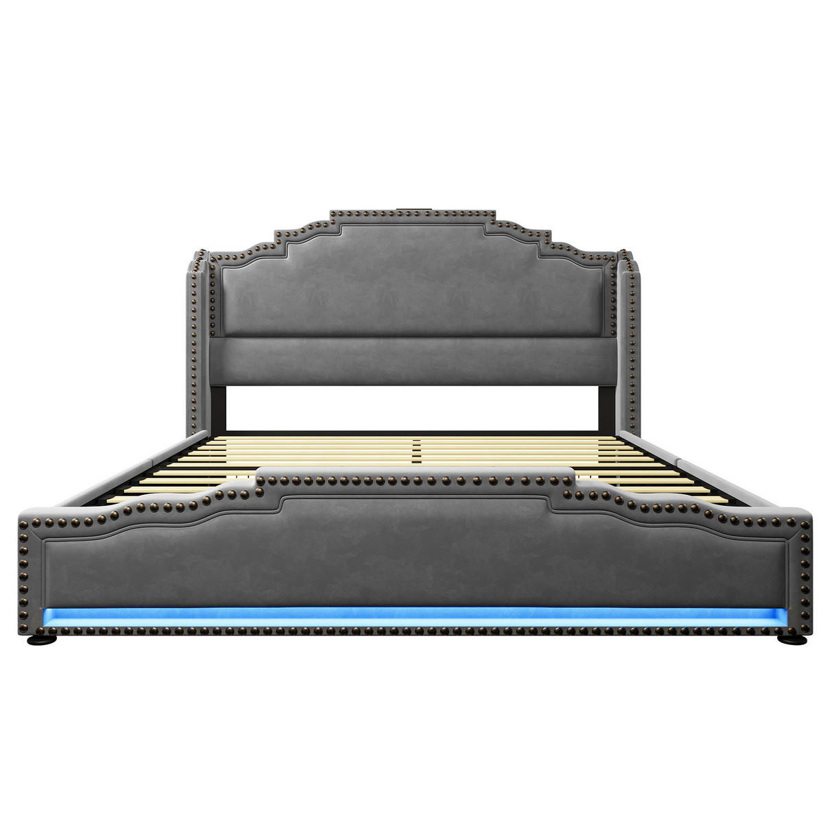 ČALOUNĚNÁ postel 160/200 cm šedá z veluru s LED osvětlením, USB-C a úložnými zásuvkami - šedá, textil (160/200cm) - OKWISH