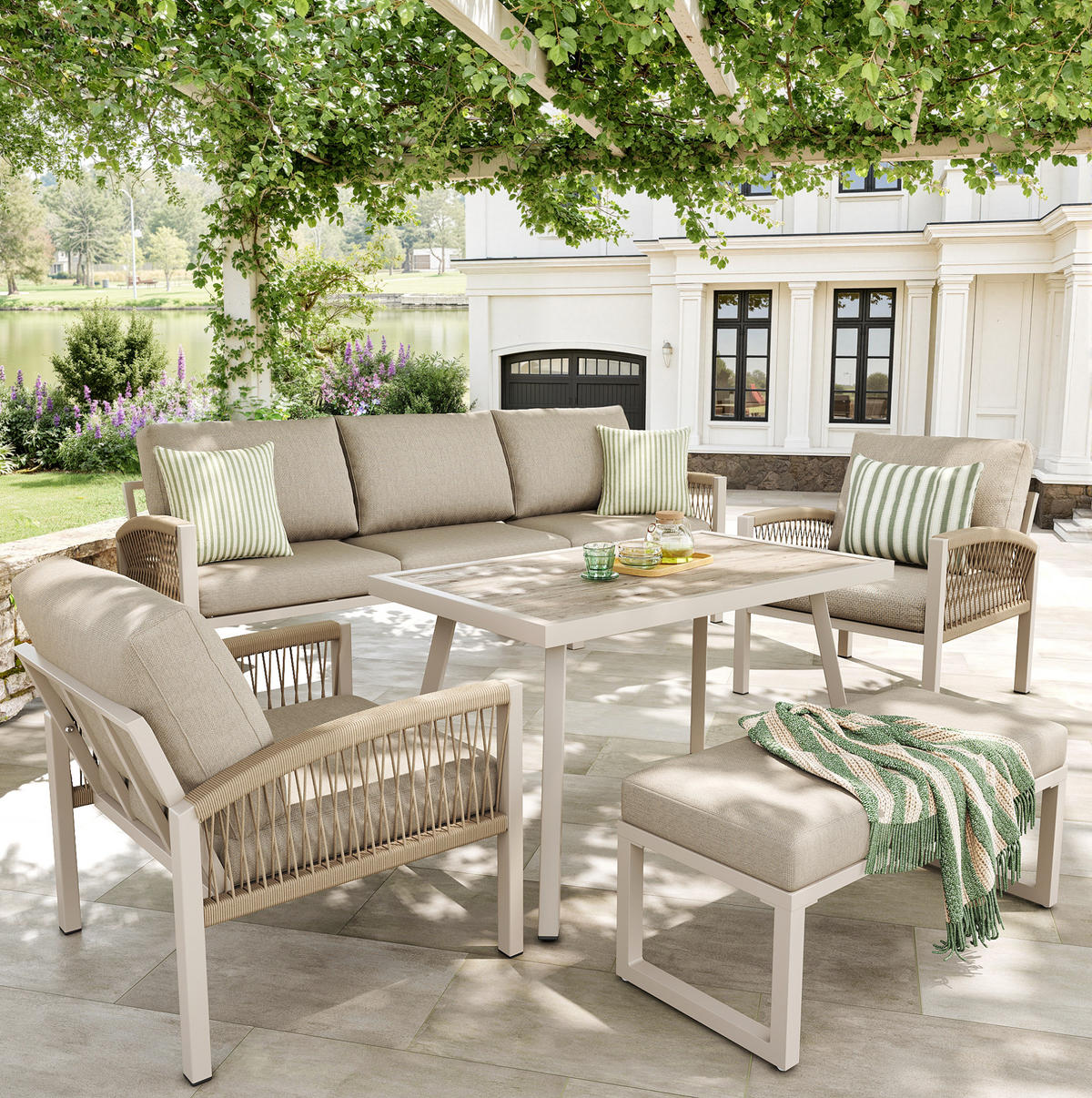 GARTENSETS aus Eisen 173.5x65x62.5cm Beige mit Holzoptik-Glasplatte - Beige, Metall - Modfu