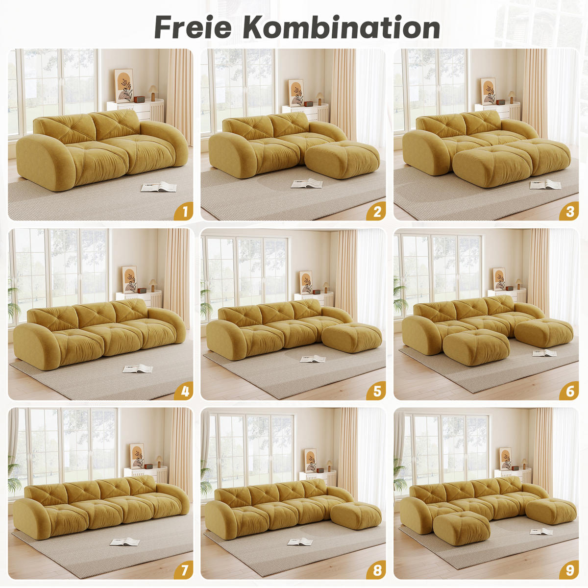 MODULSOFA 4-Sitzer aus Chenille mit rahmenlosem Design Gelb - Gelb, Textil (95/76/358cm) - Modenvie