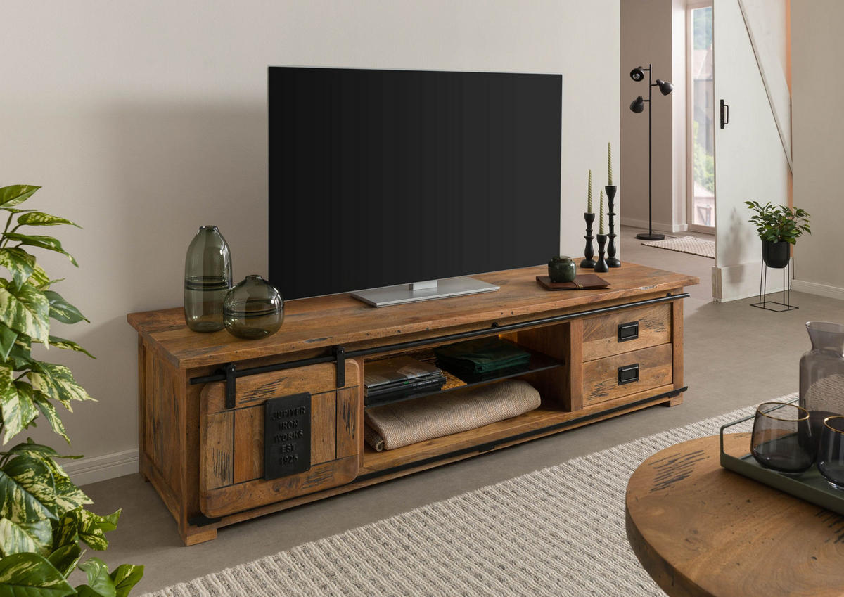 TV-BOARD Mango / Altholz 200x55x50 natur lackiert RAILWAY LUX #131 - Naturfarben, Holz (200/50/55cm) - Massivmoebel24