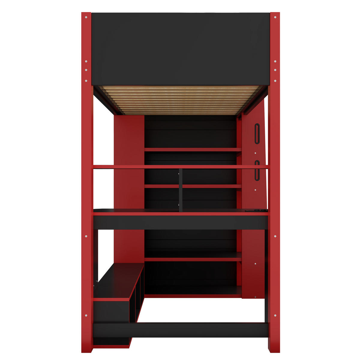 HOCHBETT 90/200 cm aus Holzwerkstoff und Kiefer mit Schreibtisch, Stauraumtreppe und LED Schwarz/Rot - Schwarz, Holzwerkstoff (90/200cm) - Modenvie
