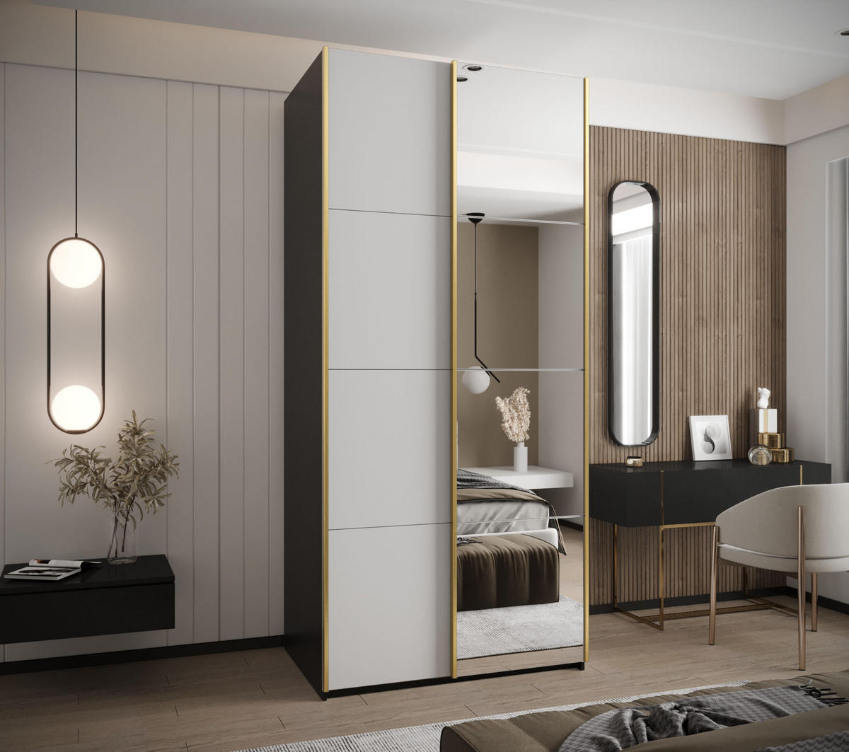 SCHWEBETÜRENSCHRANK 245,5/100/64 2-türig - Goldfarben/Schwarz, Holz/Metall (100/245/64cm) - Abiks Möbel