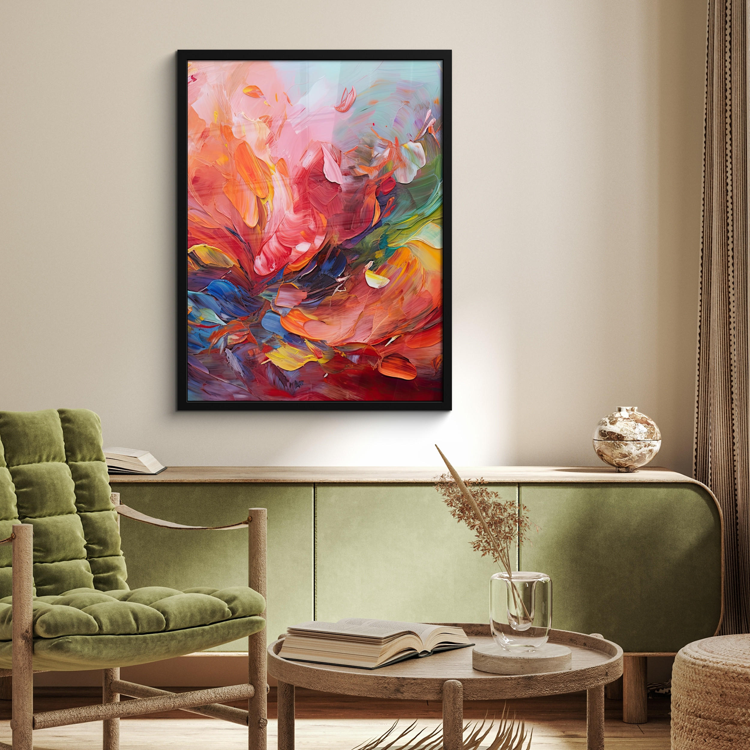 GERAHMTES BILD Ölgemälde - Kunst - Abstrakt - Farbenfroh 60x80 cm - Altrosa, Papier (60/80cm) - MuchoWow