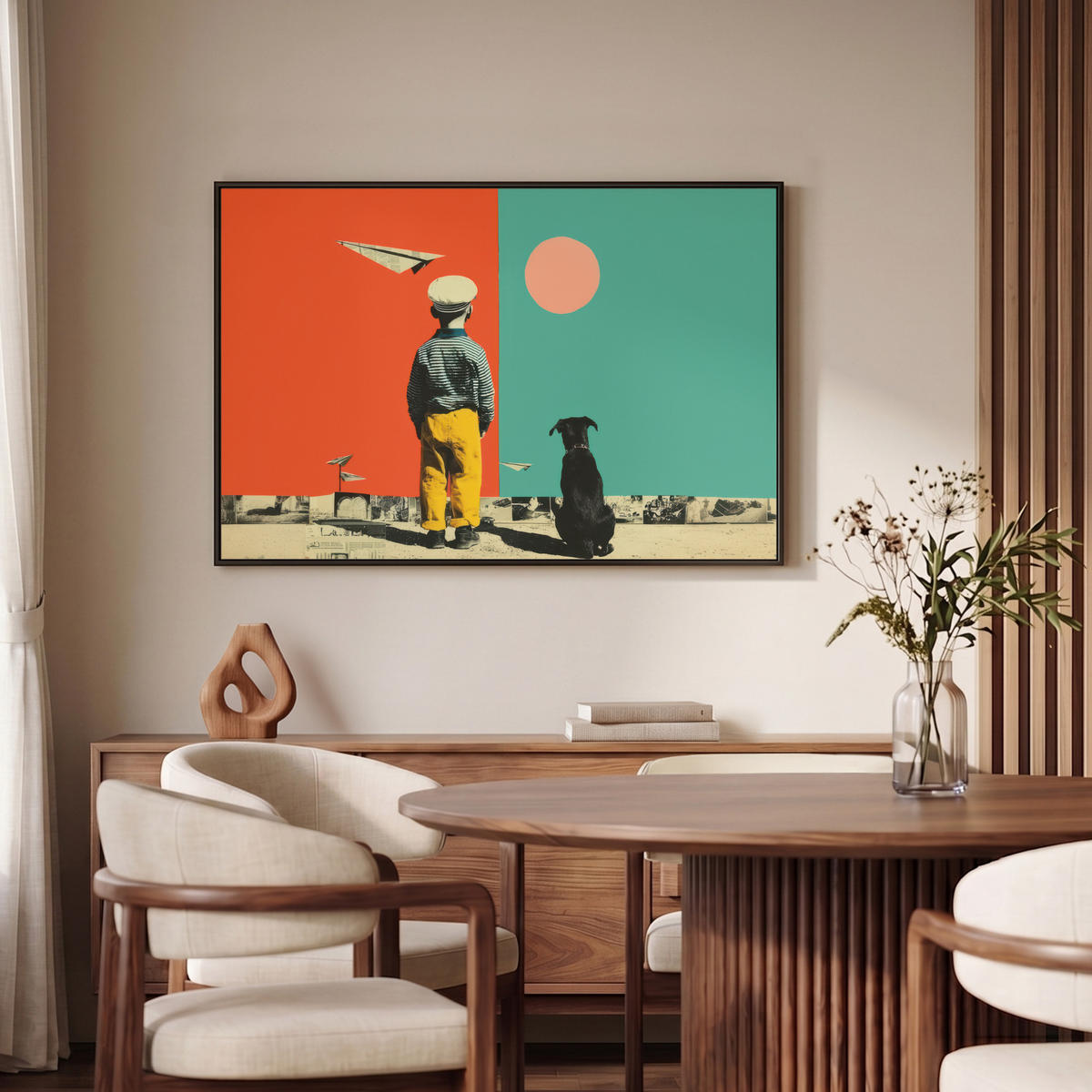 LEINWAND Bilder mit Rahmen - Retro - Junge - Hund - Rot - Grün - 90x60 - Orange, Textil (90/60cm) - MuchoWow