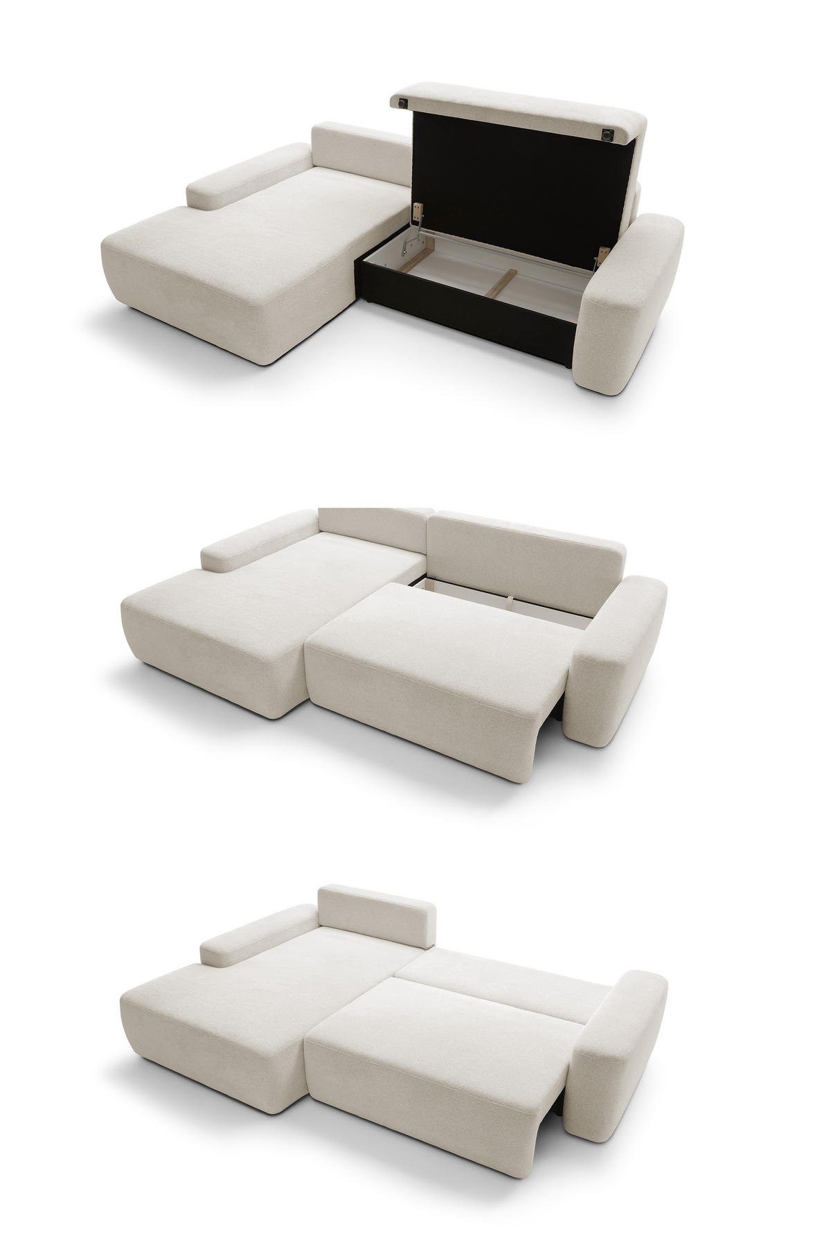 ECKSOFA BOULI 4-Sitzer Polstersofa Raven mit Schlaffunktion 130x210cm Bettzeugablage 264x162x82cm linksseitig Farbe: sand - Sandfarben, Holz/Textil (162/264cm) - DomoHome