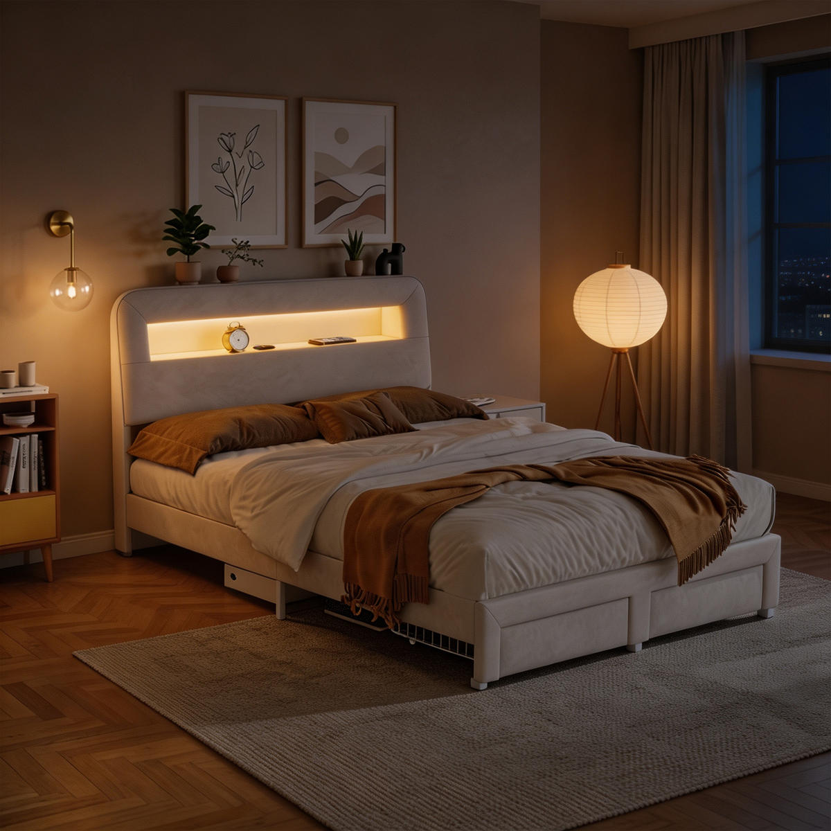 POLSTERBETT 160x200 cm, USB und LED, mit 2 Schubladen, Doppelbettrahmen 160x200 cm, Samt in Cremeweiß - Beige, Holzwerkstoff/Textil (160/200cm) - GENKI LIVING