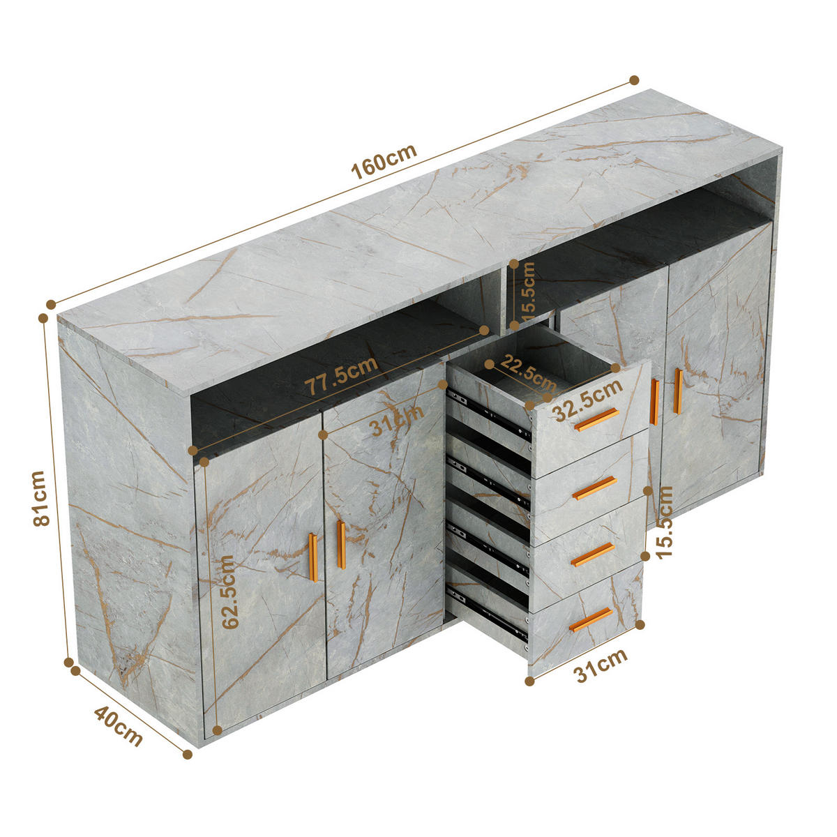 SIDEBOARD in 160/81/40cm - Grau, Holzwerkstoff/Metall (160/81/40cm) - HOMAVO