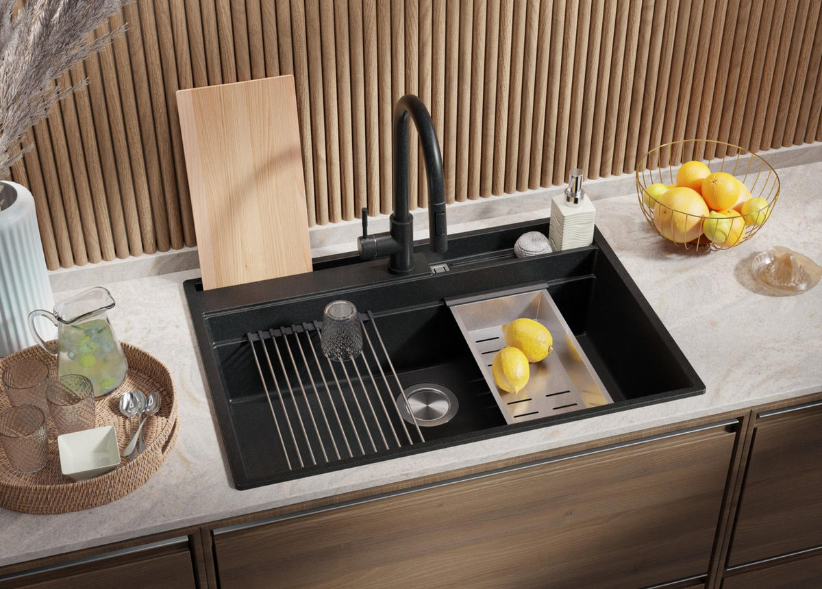 SPÜLBECKEN Oslo Pocket, 2-er set Anthrazit 78/53 cm 1 Becken + Ablauf-Set + Küchenzubehörset ab 80er Unterschrank - Chromfarben/Anthrazit, Kunststoff (78/20/53cm) - Primagran