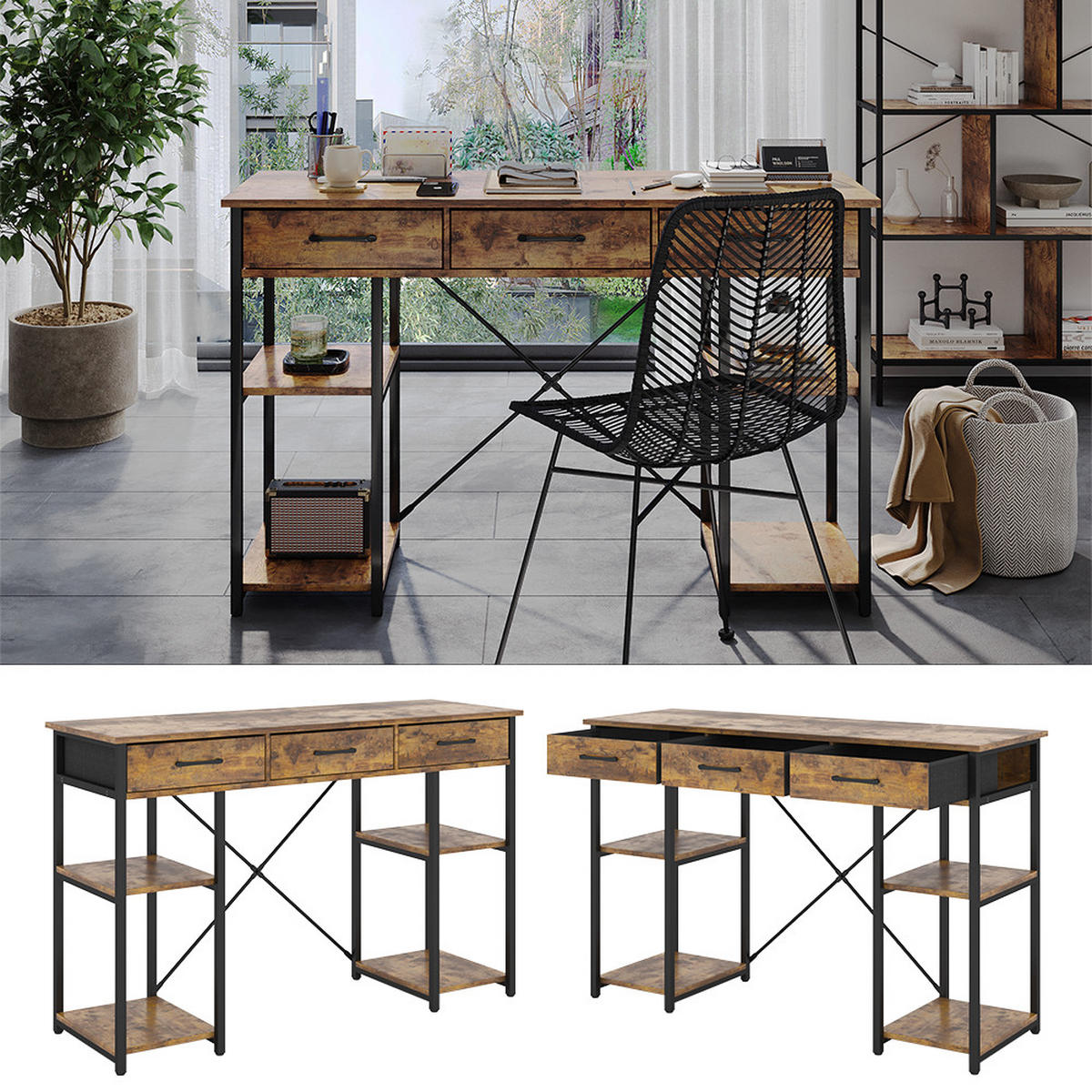 SCHREIBTISCH Chino Eiche rustikal 120 x 40 cm mit 3 Schubladen - Wildeiche, Holzwerkstoff (40/120/78cm) - Vicco