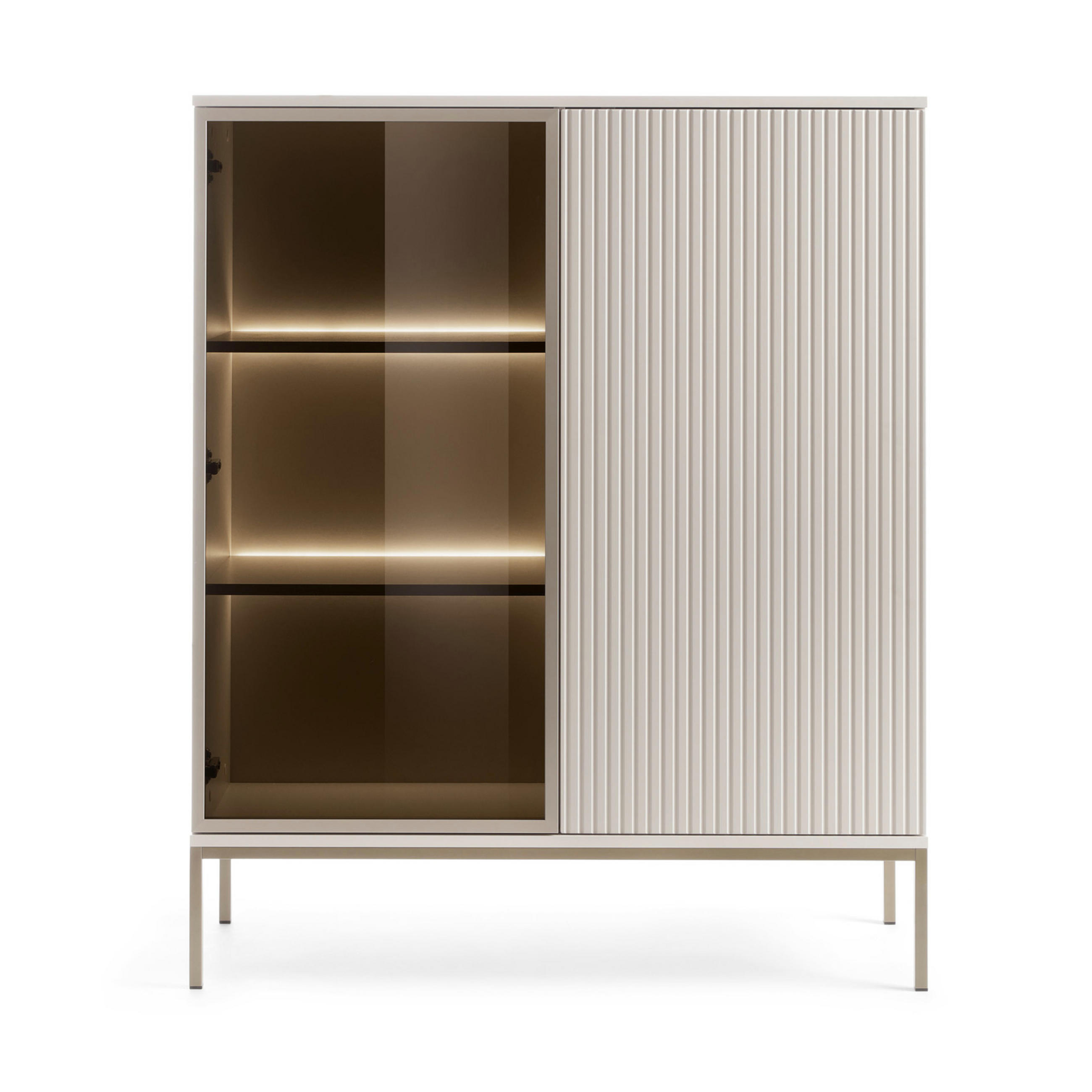 VITRINE Laval WT104 – Kaschmir, mit LED-Beleuchtung - Kaschmir/Eiche Wotan, Glas/Holzwerkstoff (104/126/39cm) - Komodee