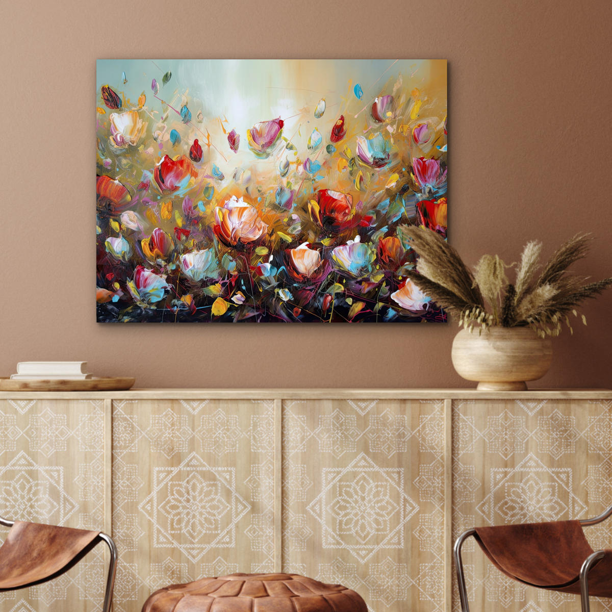 KOVOVÝ OBRAZ Kvety - Umenie - Príroda - Olejomaľba 80x60 cm - viacfarebná, kov (80/60cm) - MuchoWow