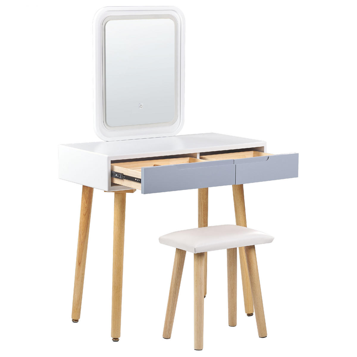 SCHMINKTISCH mit 2 Schubladen, LED-Spiegel und Hocker Weiß/Grau Dieppe - Hellbraun/Weiß, Holzwerkstoff (80/134/40cm) - Beliani