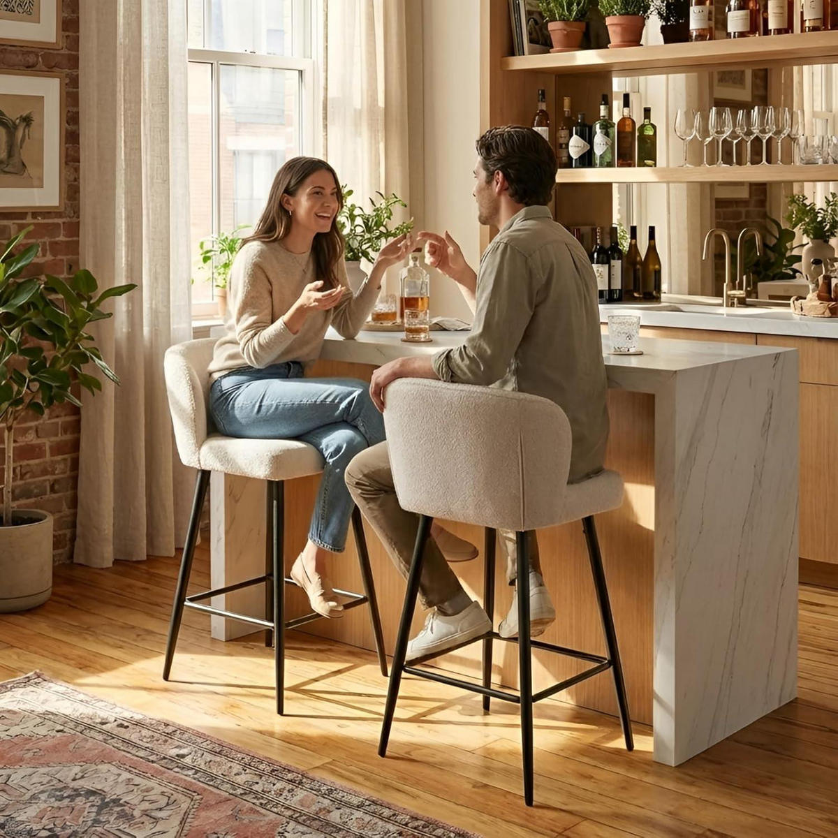 BARHOCKER 4er Set mit Rückenlehne und Metallfüßen in Oatmeal - Beige, Textil (49/93/52cm)