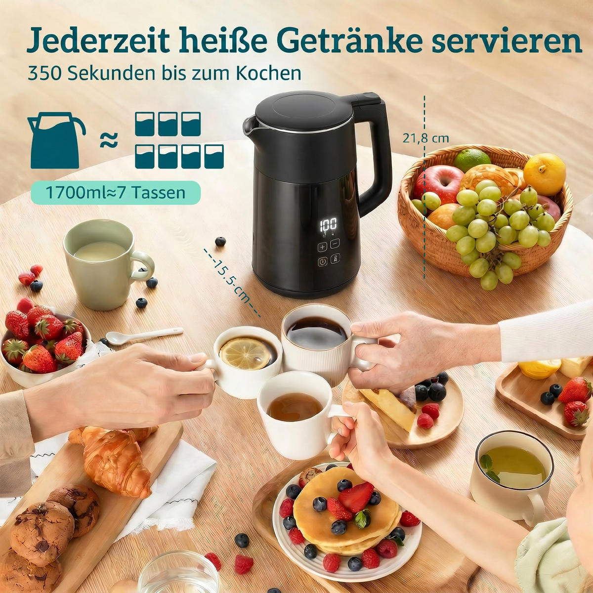 WASSERKOCHER Edelstahl Kunststoff Schwarz - Schwarz, Kunststoff/Metall (21.8cm) - HOMCOM