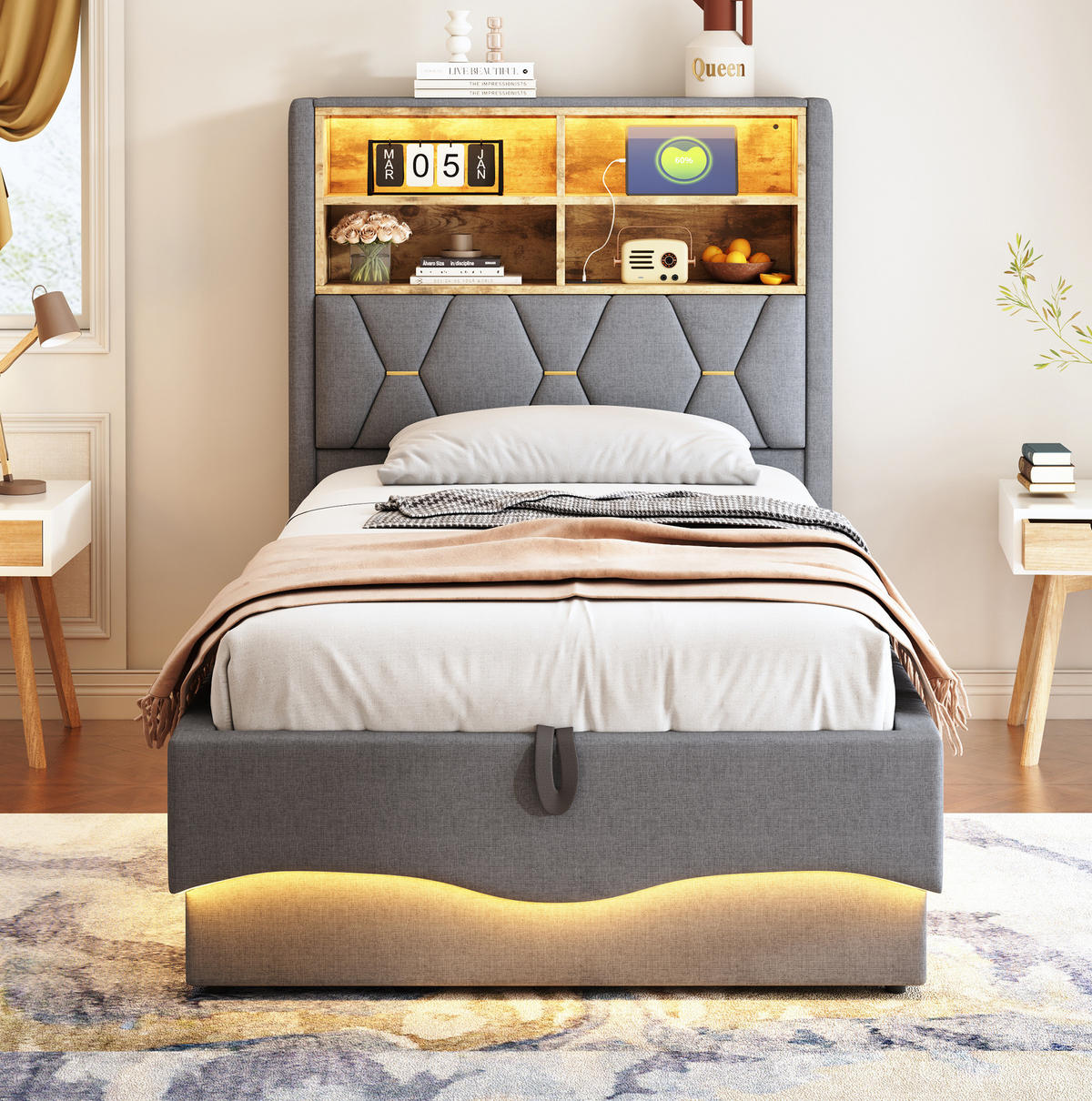 KINDERBETT 90/200 cm Grau aus Leinen und Metall mit LED-Beleuchtung und Stauraum - Grau, Metall (90/200cm) - OKMYHOME