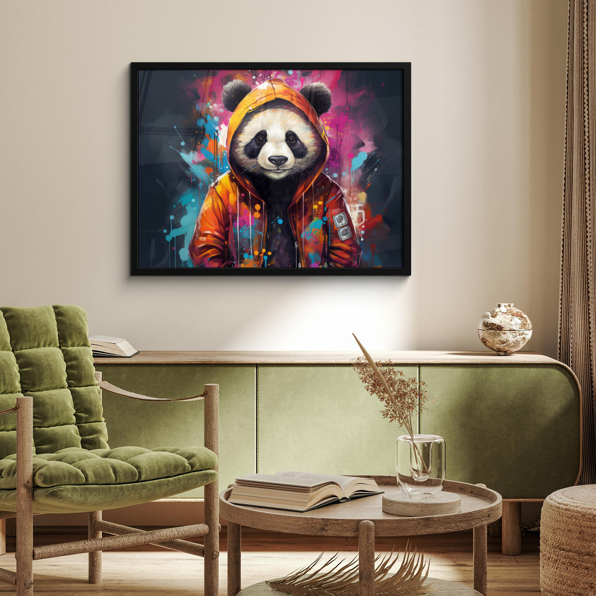 POSTER MIT RAHMEN Panda - Jacke - Graffiti - Orange 80x60 cm - Orange, Papier (80/60cm) - MuchoWow
