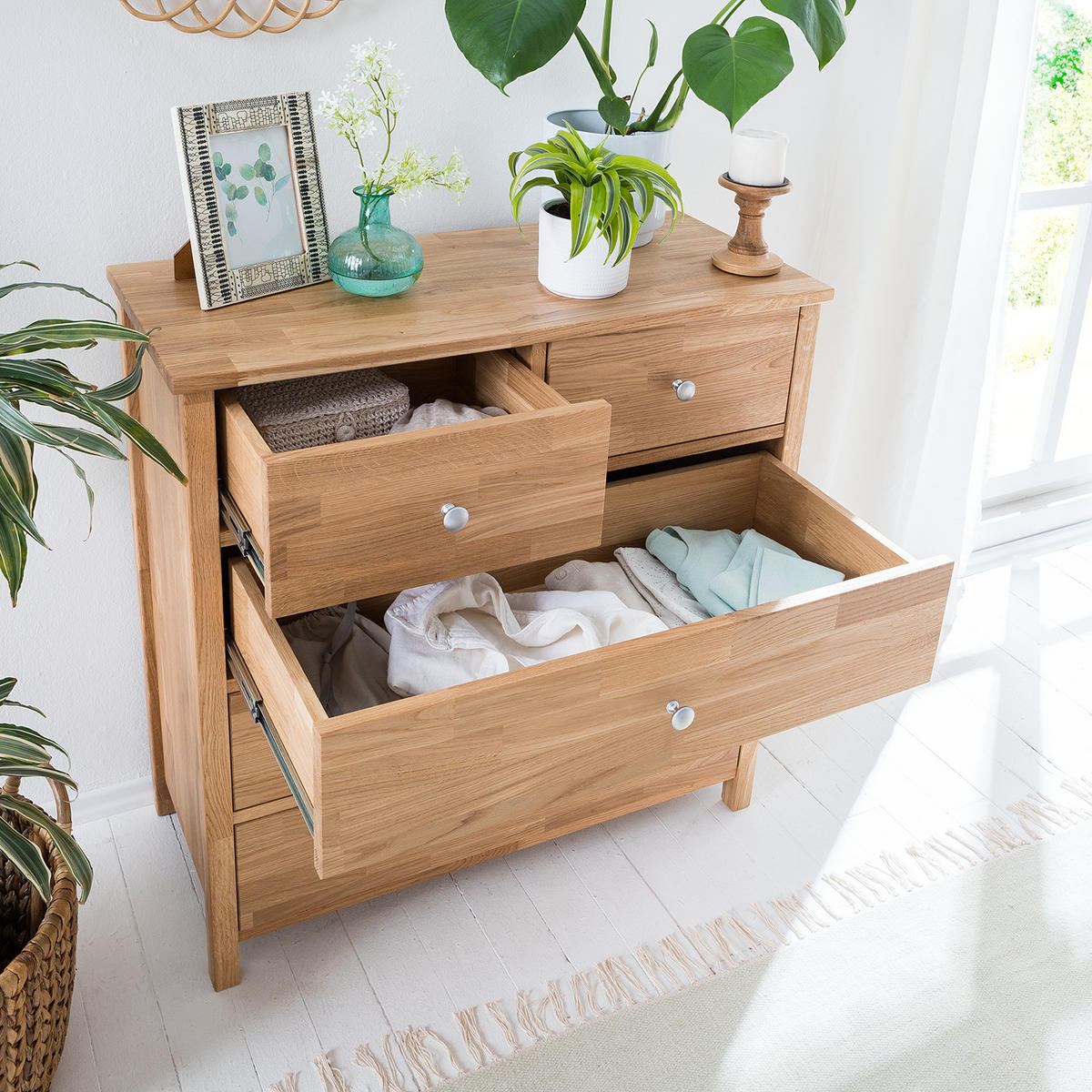 KOMMODE - Eiche massiv - Eichefarben, Holz (90/90/40cm) - home24