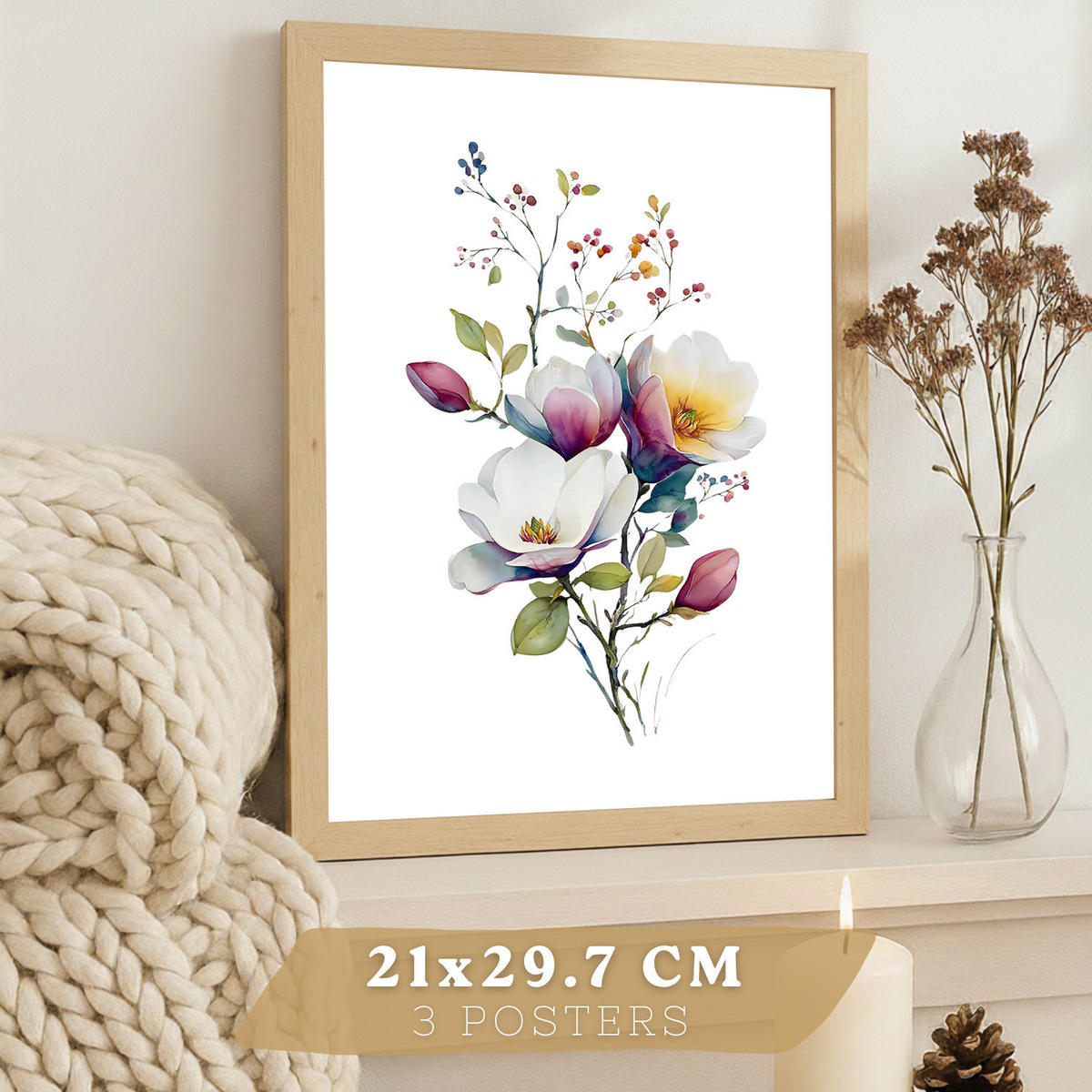 PLAKAT Sada 3 botanických uměleckých tisků. Květinové nástěnné umění. Moderní minimalistický květinový nástěnný PLAKAT. Velikost Světlý dřevěný rám A4 - béžová, papír (21/29.7/3cm) - Nacnic