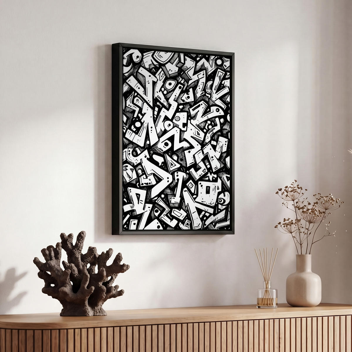 LEINWAND Bilder mit Rahmen - Formen - Buchstaben - Graffiti - Schwarz - 20x30 - Schwarz, Textil (20/30cm) - MuchoWow