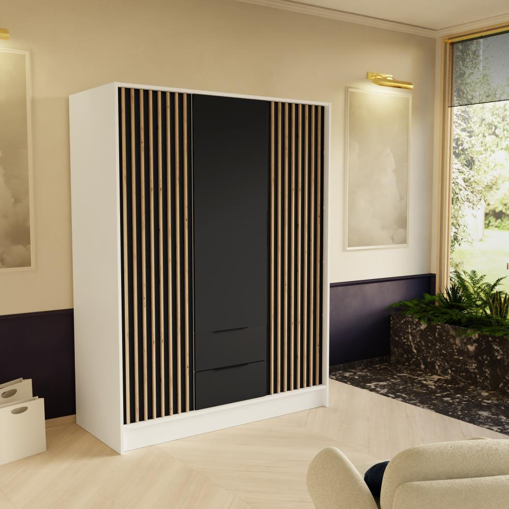DREHTÜRENSCHRANK Nero 150/51/200 cm mit Lamellen weiß+schwarz - Schwarz/Weiß, Holzwerkstoff (150/200/51cm) - Beautysofa