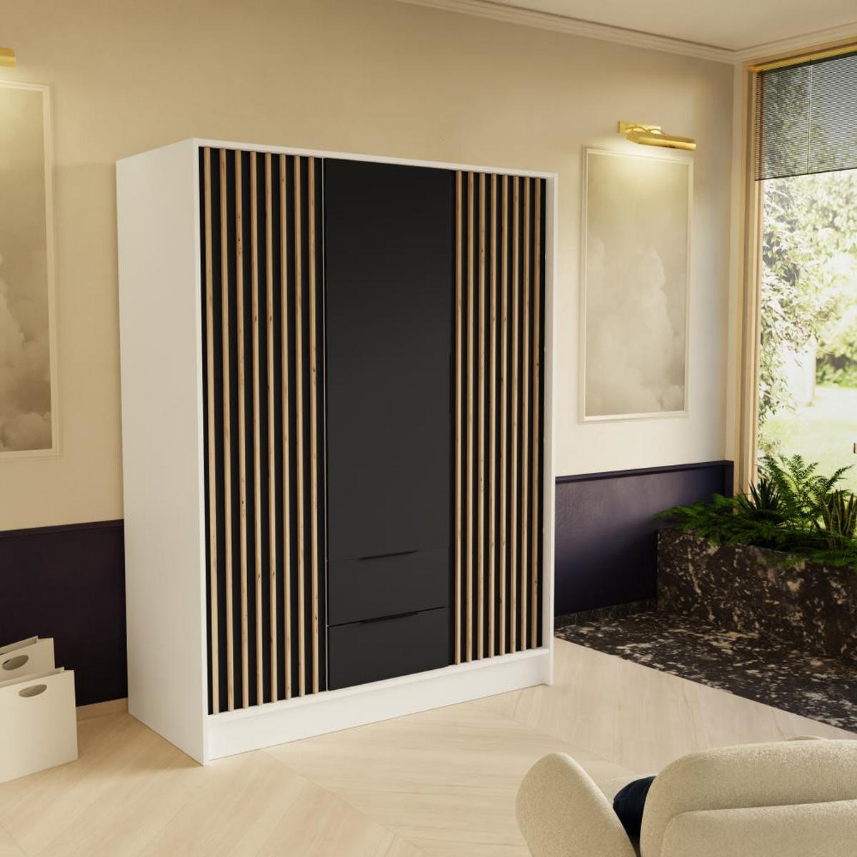 DREHTÜRENSCHRANK Nero 150/51/200 cm mit Lamellen weiß+schwarz - Schwarz/Weiß, Holzwerkstoff (150/200/51cm) - Beautysofa